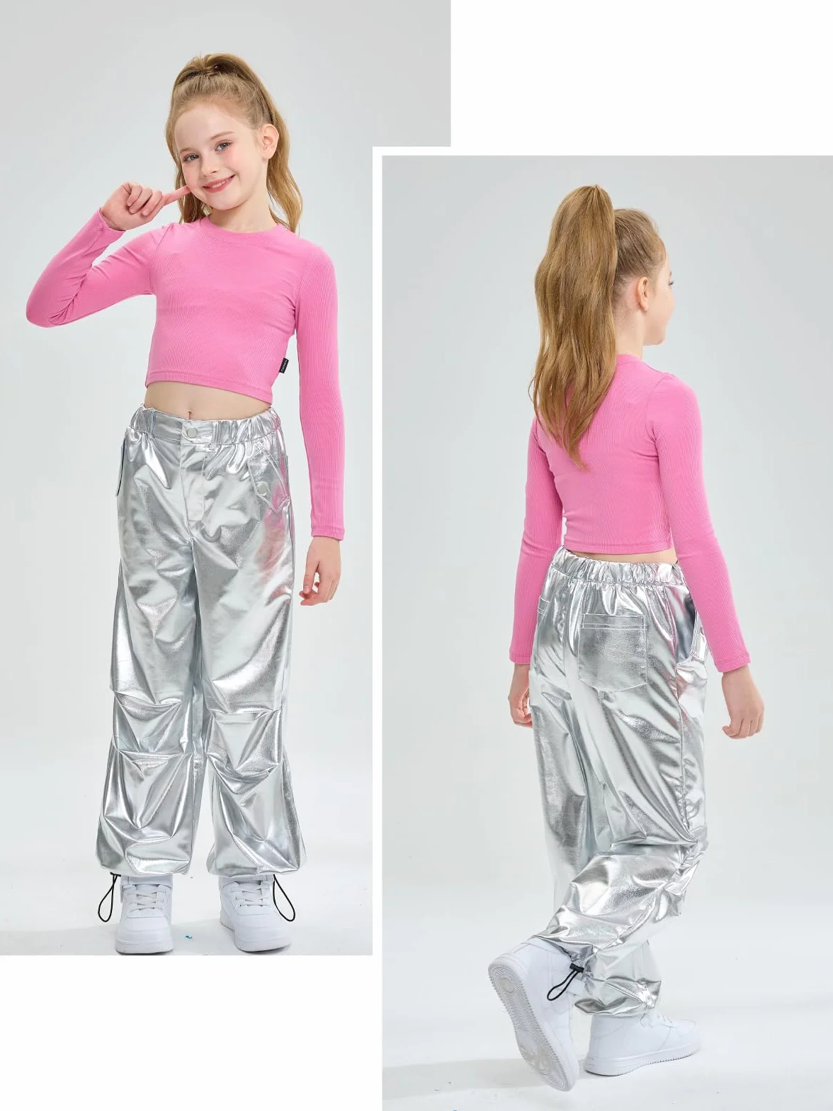 LOLANTA Dziecięce błyszczące metaliczne spodnie do tańca, retro, hip-hop, strój taneczny, luźny krój, bojówki, elastyczna talia, odzież uliczna dla dzieci w wieku 6-13 lat