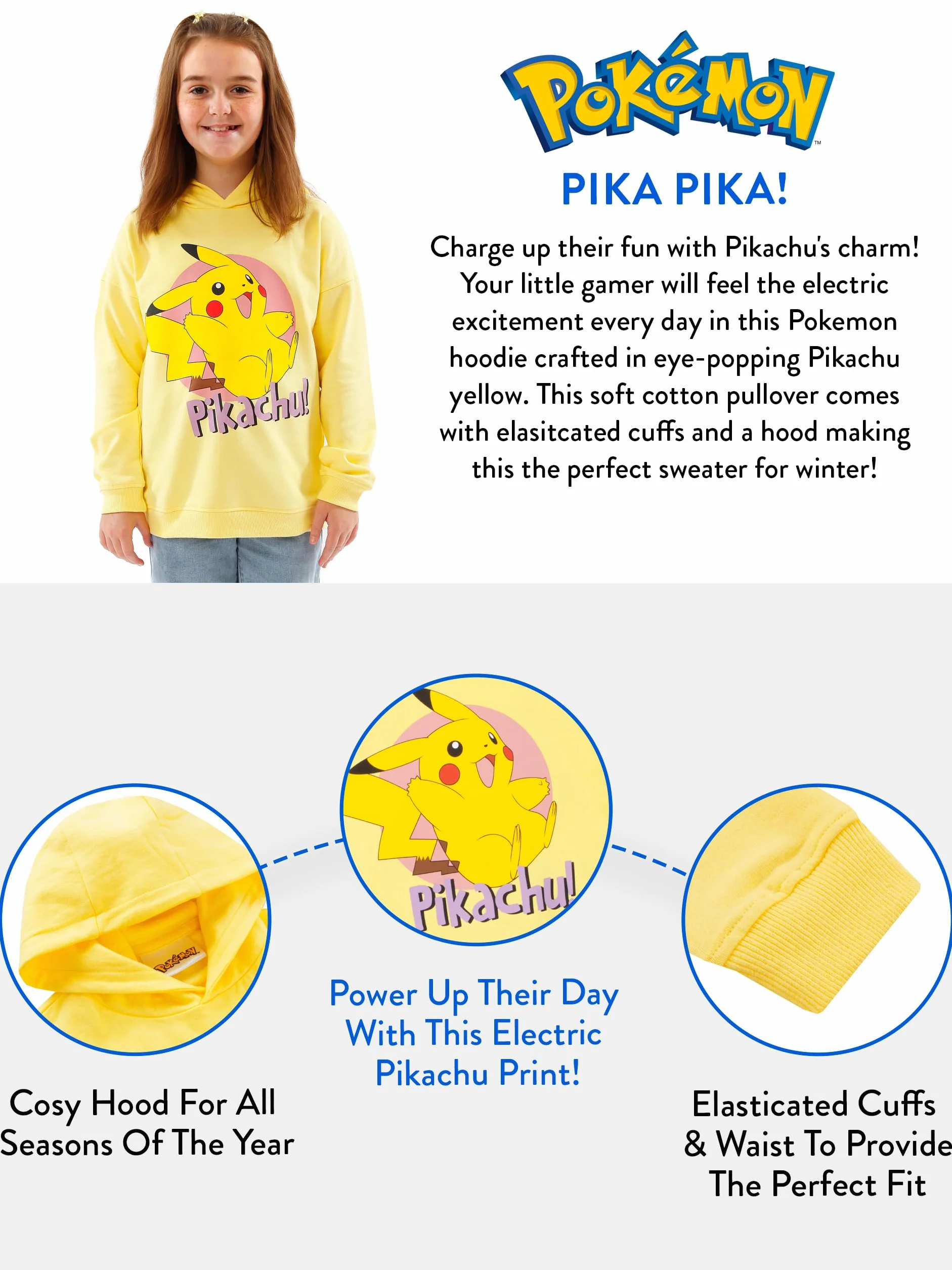 Bluza z kapturem Pokemon dla dziewczynek | Bluza z kapturem Pikachu | Dziewczęca żółta bluzas z kapturems | Wiek od 5 do 12 lat