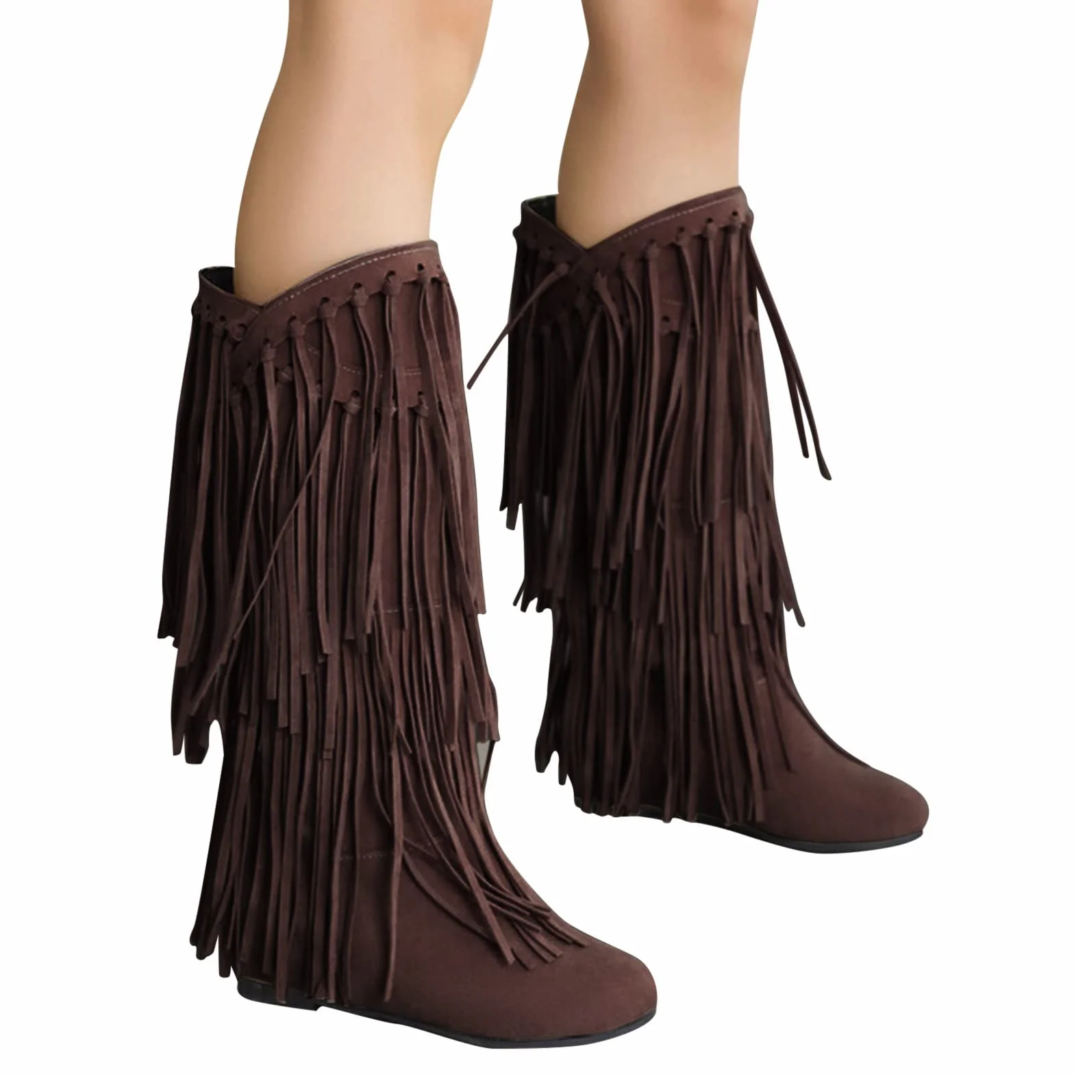 Kowbojskie buty z frędzlami dla kobiet - zimowe płaskie zamszowe buty do połowy łydki, gruby obcas, botki kowbojki z frędzlami, szerokie łydki, plus size ciepłe stylowe botki na co dzień