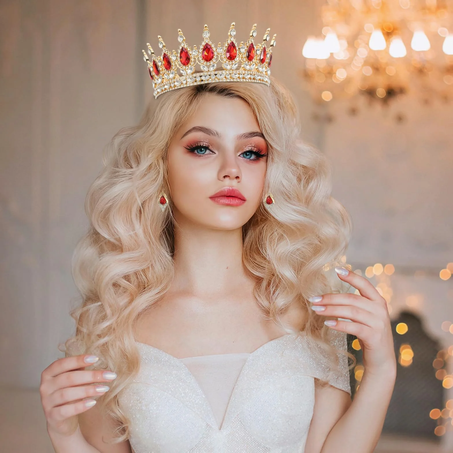 Złota korona dla kobiet, kolczyki z kryształkami, vintage barokowa tiara koronowa, imitacja błyszczącej kryształowej tiary dla dziewcząt i kobiet ślub przyjęcie urodzinowe