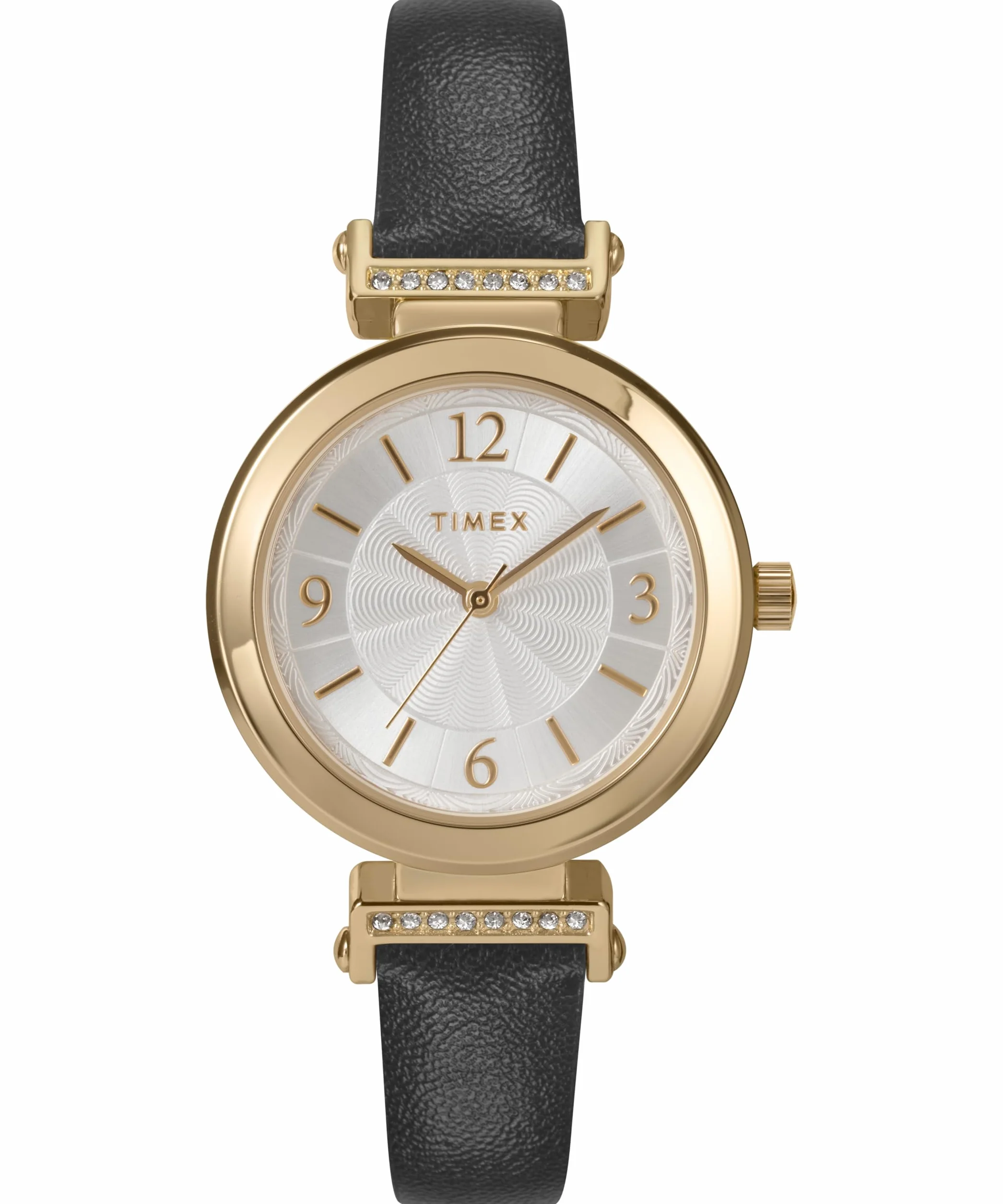 Timex Zegarek Damski Main Street 31 mm, Czarny Skórzany Pasek, Srebrna Tarcza, Złota Obudowa TW2W96400