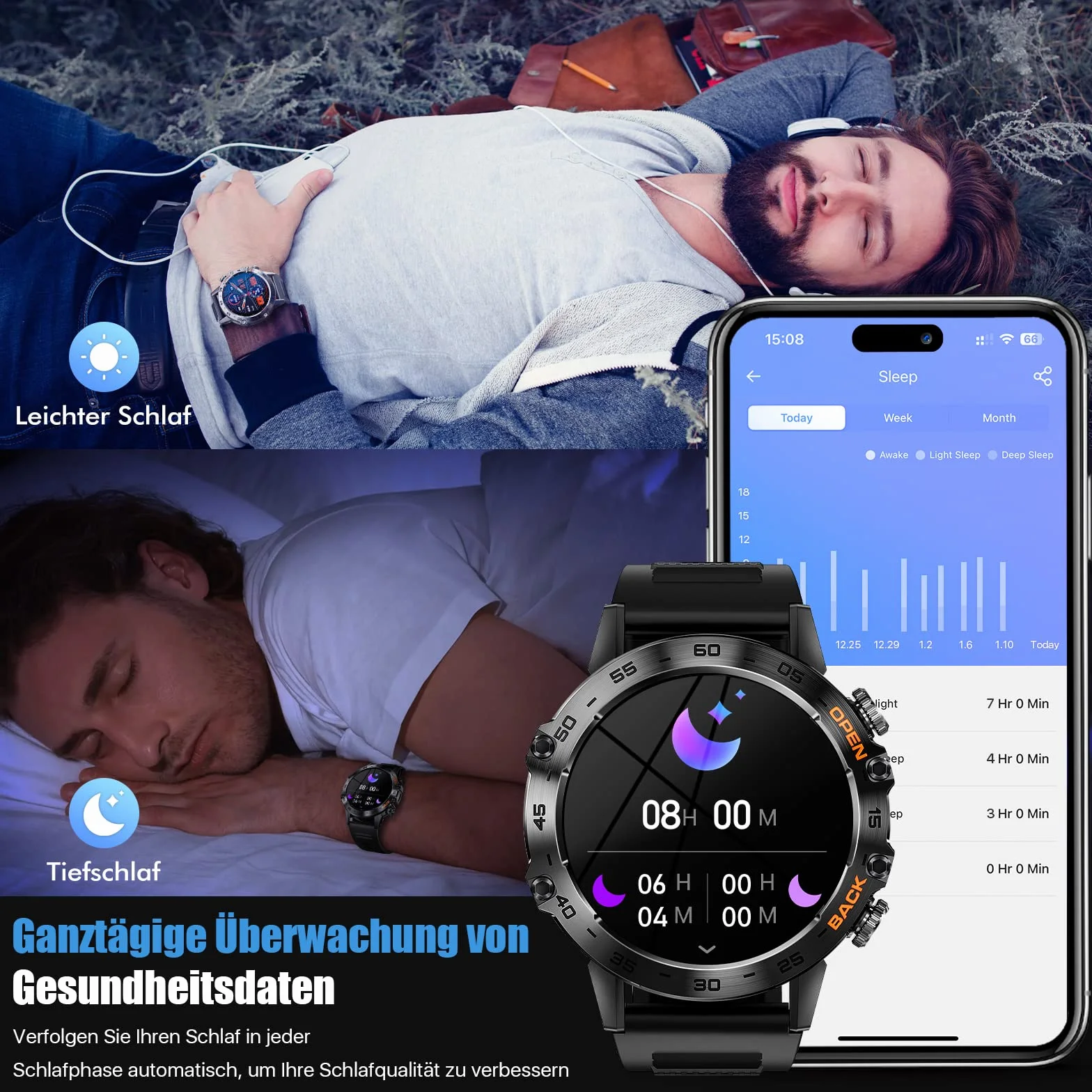 Smartwatch męski z funkcją telefonu, ekran dotykowy 1,39", wodoszczelny IP68, 100 trybów sportowych z trackerem fitness, pomiarem ciśnienia krwi, monitorem snu, SpO2, akumulator 20+ dni, Android iOS