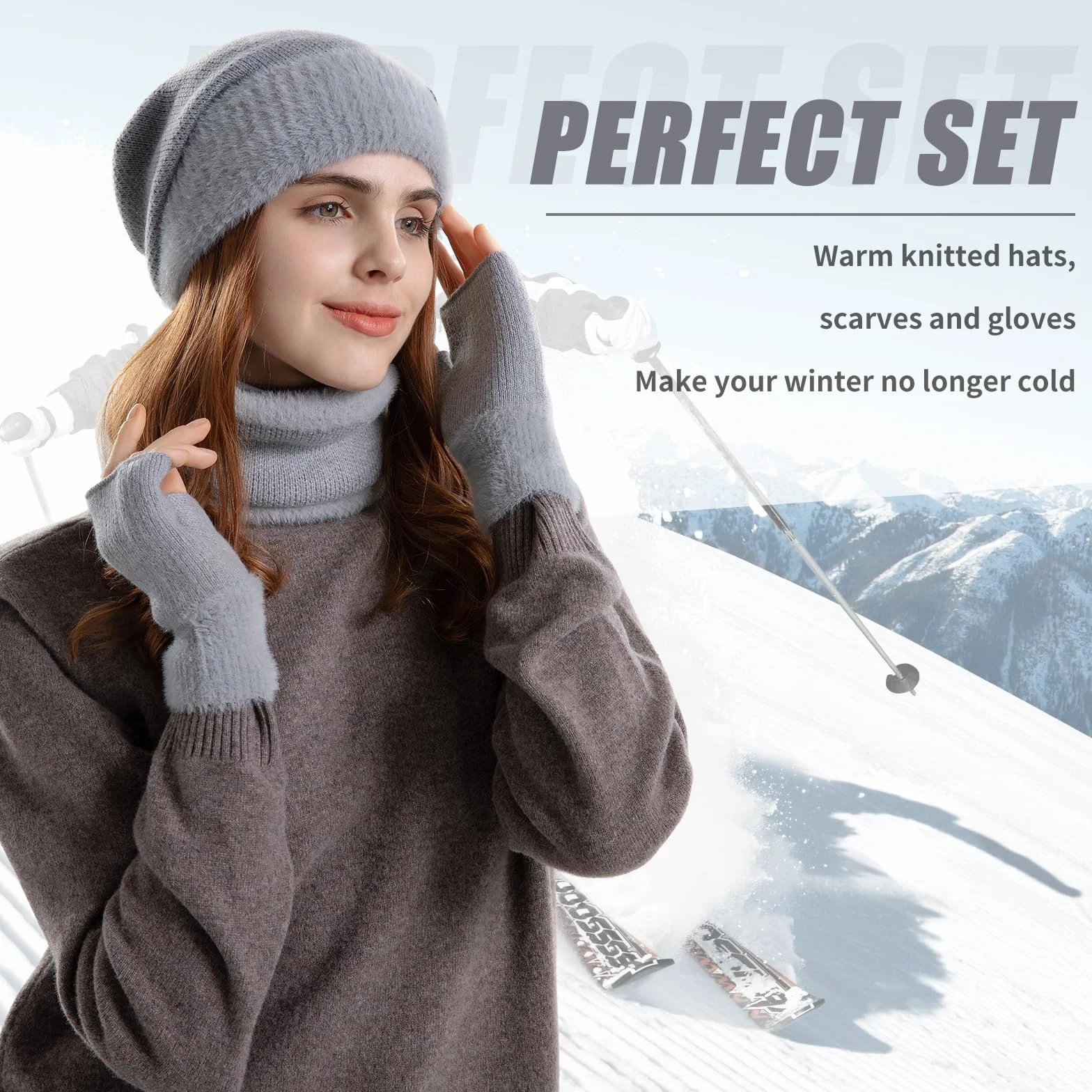 Zestaw czapek i szalików dla kobiet z podszewką polarową, czapka, szalik i rękawiczki, zestaw damski, 3 w 1, termiczna dzianinowa czapka beanie, ocieplacz na szyję, rękawiczki bez palców, dla