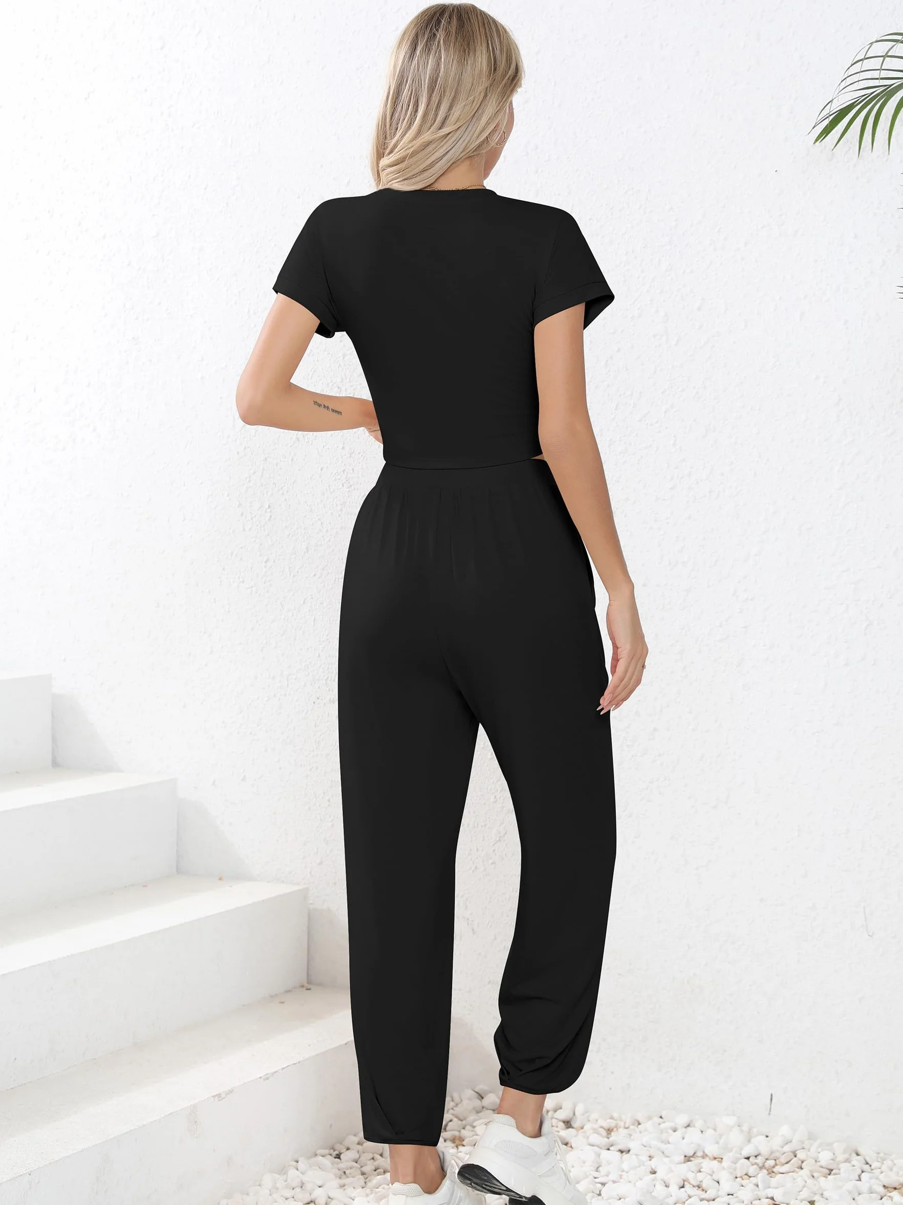 Missufe Damski dres treningowy typu crop top i spodnie do biegania, strój rekreacyjny, 2-częściowy strój z kieszeniami