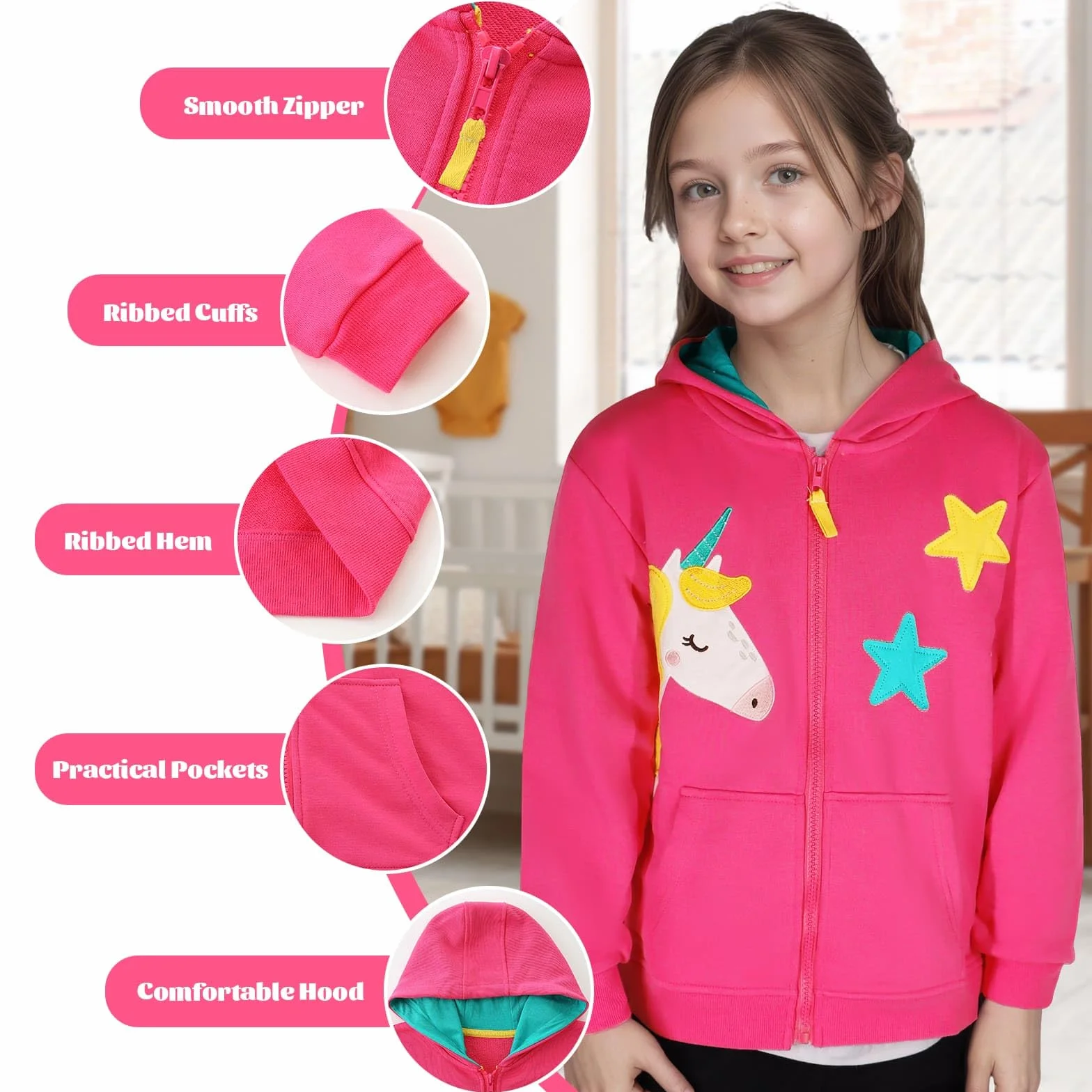 Bluza z kapturem z zamkiem błyskawicznym dla dziewczynki, chłopca, bawełniana kurtka z długim rękawem z kieszeniami, jednorożec traktor bluza z kapturem wiosna jesień casualowe ubrania szkolne