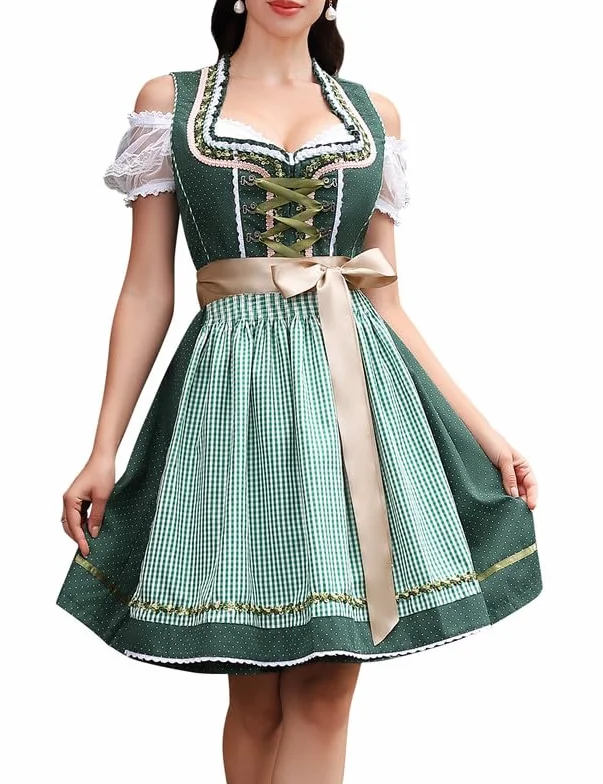 Clearlove Dirndl damska sukienka midi 3-częściowa sukienka do stroju ludowego, modna sukienka Dirndl, bluzka na Oktoberfest, zielony, 44