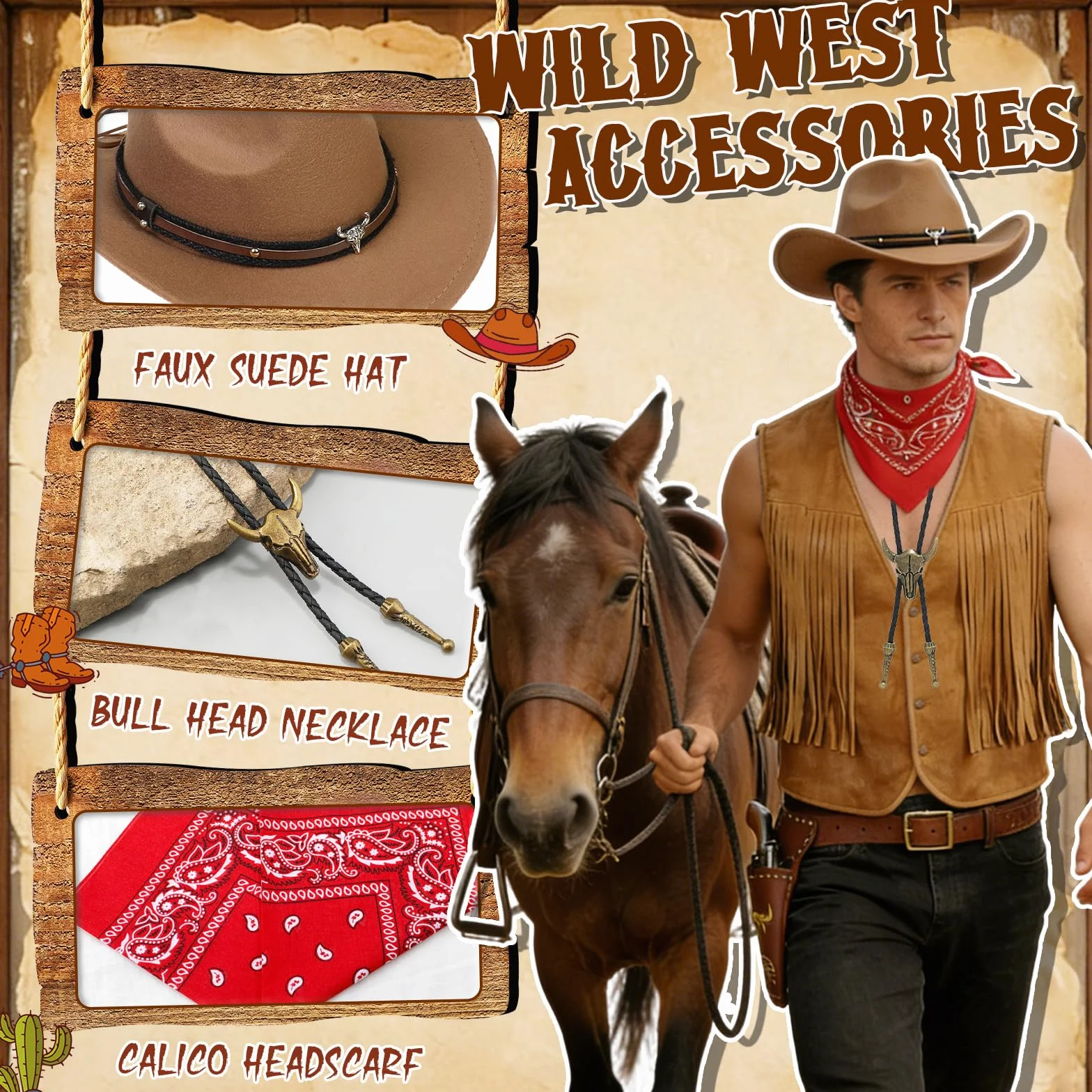5-częściowy zestaw kostiumu kowbojskiego westernu, kostium kowbojski, fantazyjna sukienka z kamizelką, kapelusz z szerokim rondem, bandana, głowa byka, naszyjnik dla dorosłych mężczyzn, karnawał
