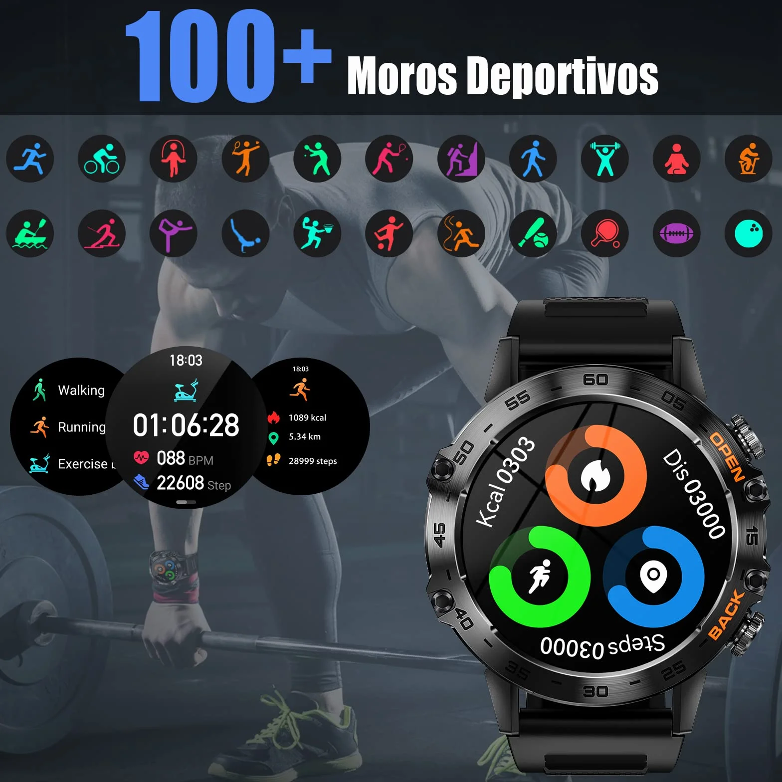 Smartwatch męski z funkcją telefonu, ekran dotykowy 1,39", wodoszczelny IP68, 100 trybów sportowych z trackerem fitness, pomiarem ciśnienia krwi, monitorem snu, SpO2, akumulator 20+ dni, Android iOS