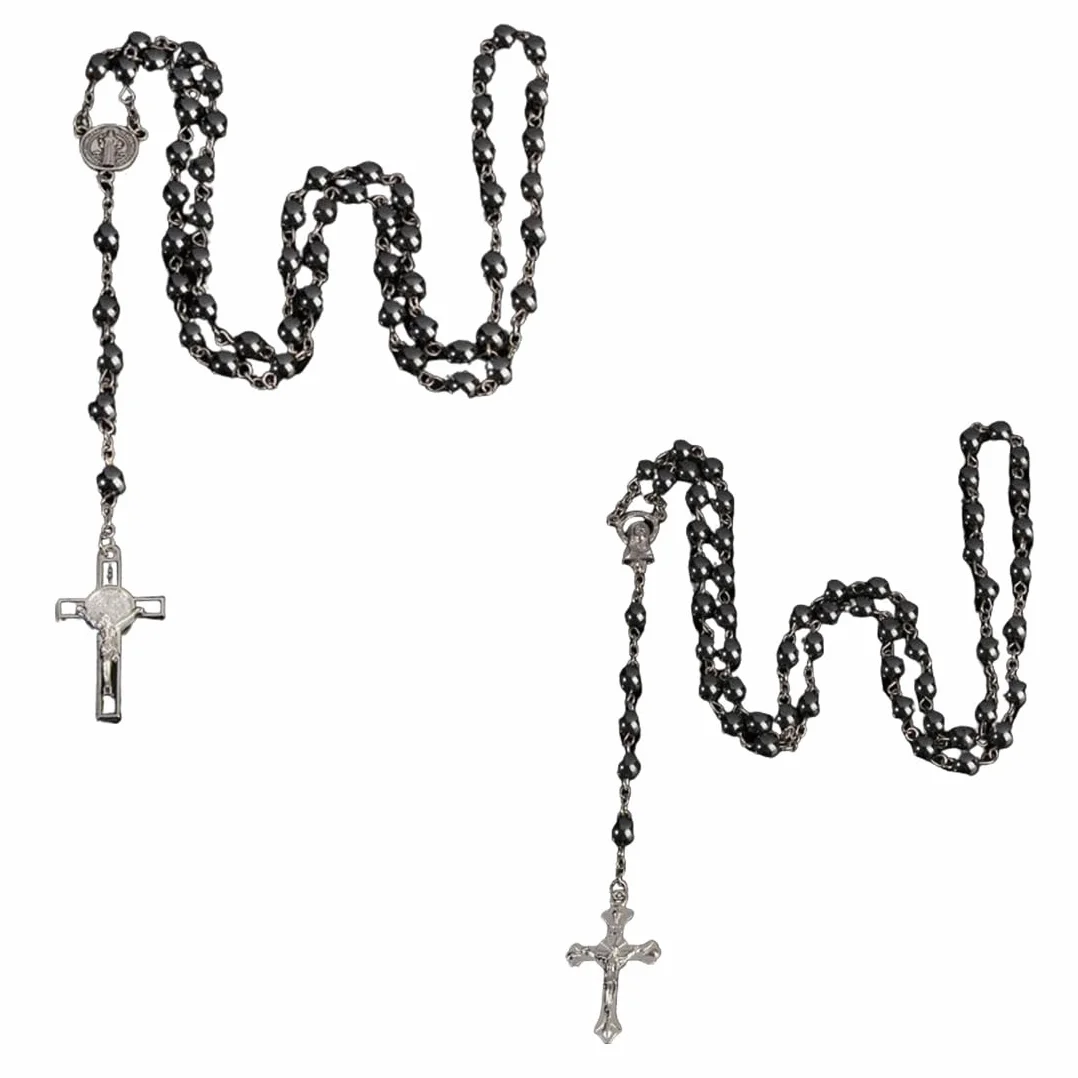 2 x różaniec komunijny, naszyjnik z pereł, katolicki krzyżyk, unisex, łańcuszek z krzyżem, komunia święta, prezent dla gości, dla dziewcząt, chłopców, czarny, 6 mm