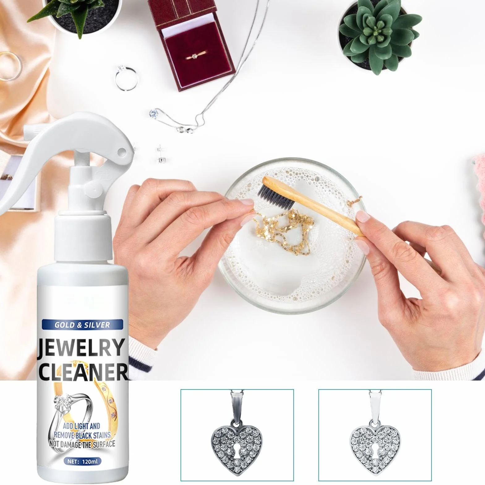Spray do czyszczenia biżuterii, 120 ml, natychmiastowy środek do usuwania matowienia, rdzy i srebra, łagodny środek do czyszczenia biżuterii, do złota, mosiądzu, kamieni szlachetnych