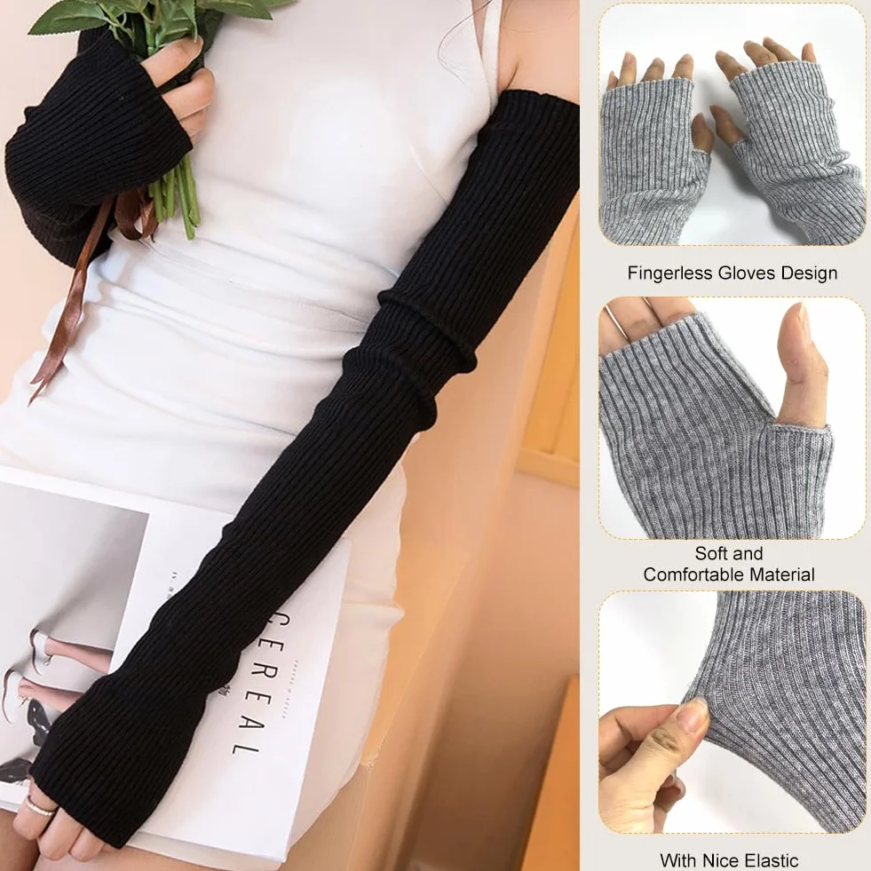 EQLEF Arm Warmers damskie, ciepłe rękawiczki na palce i dłonie długie rękawiczki czarne bez palców damskie rękawiczki do zimowania, Szary, 60*6.5cm
