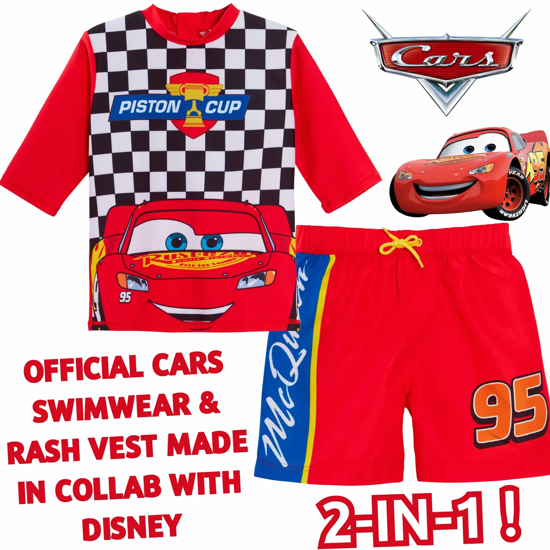 Szorty kąpielowe chłopięce Cars + Rash Vest Lighting McQueen, 2-częściowy zestaw kąpielowy dla dzieci, do surfowania + szorty, zestaw do pływania