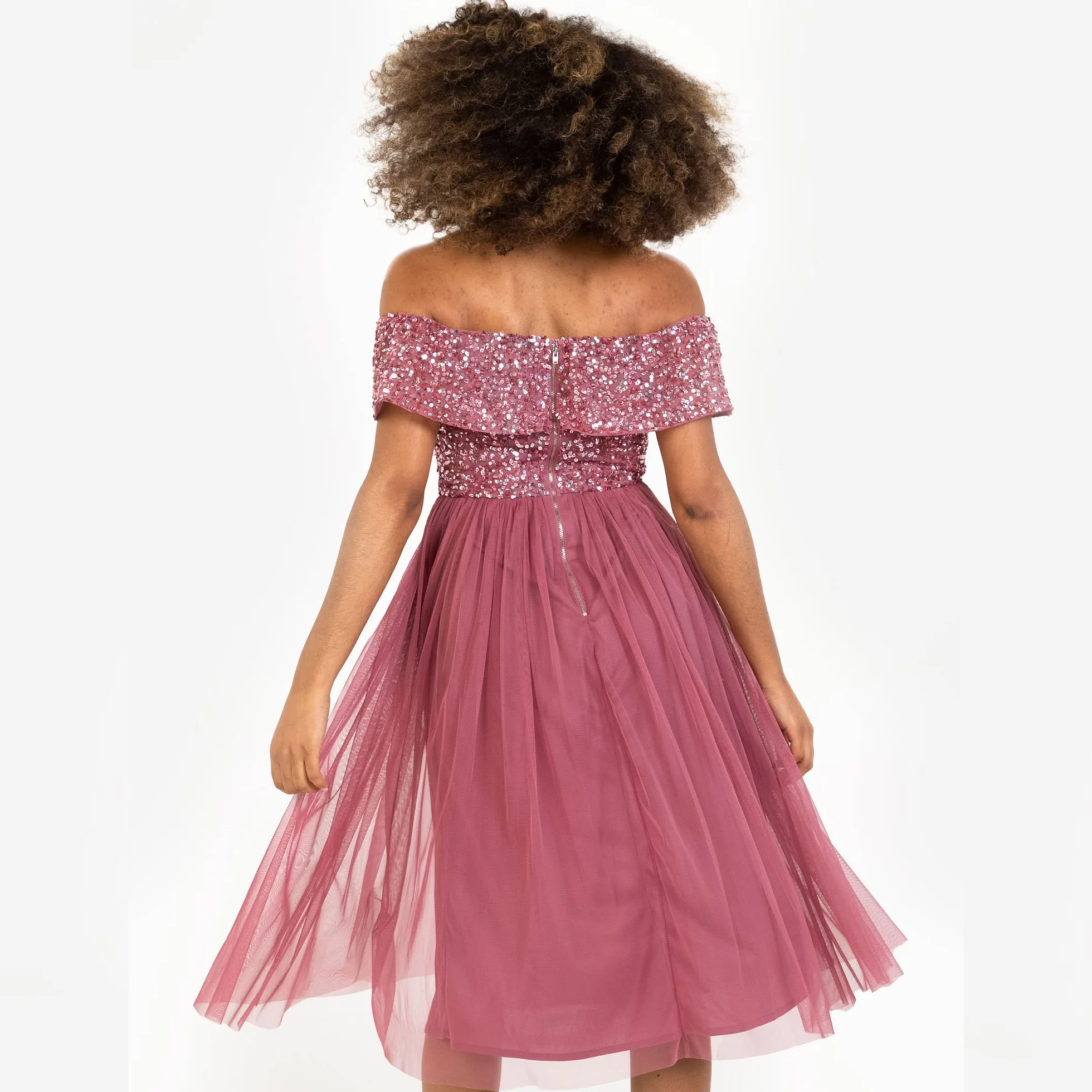 Maya Deluxe Ladies Bardot Dresses Women Midi High Empire Sequins Embellished Formalny wieczór na wesele dla gości sukienka druhny dla kobiet