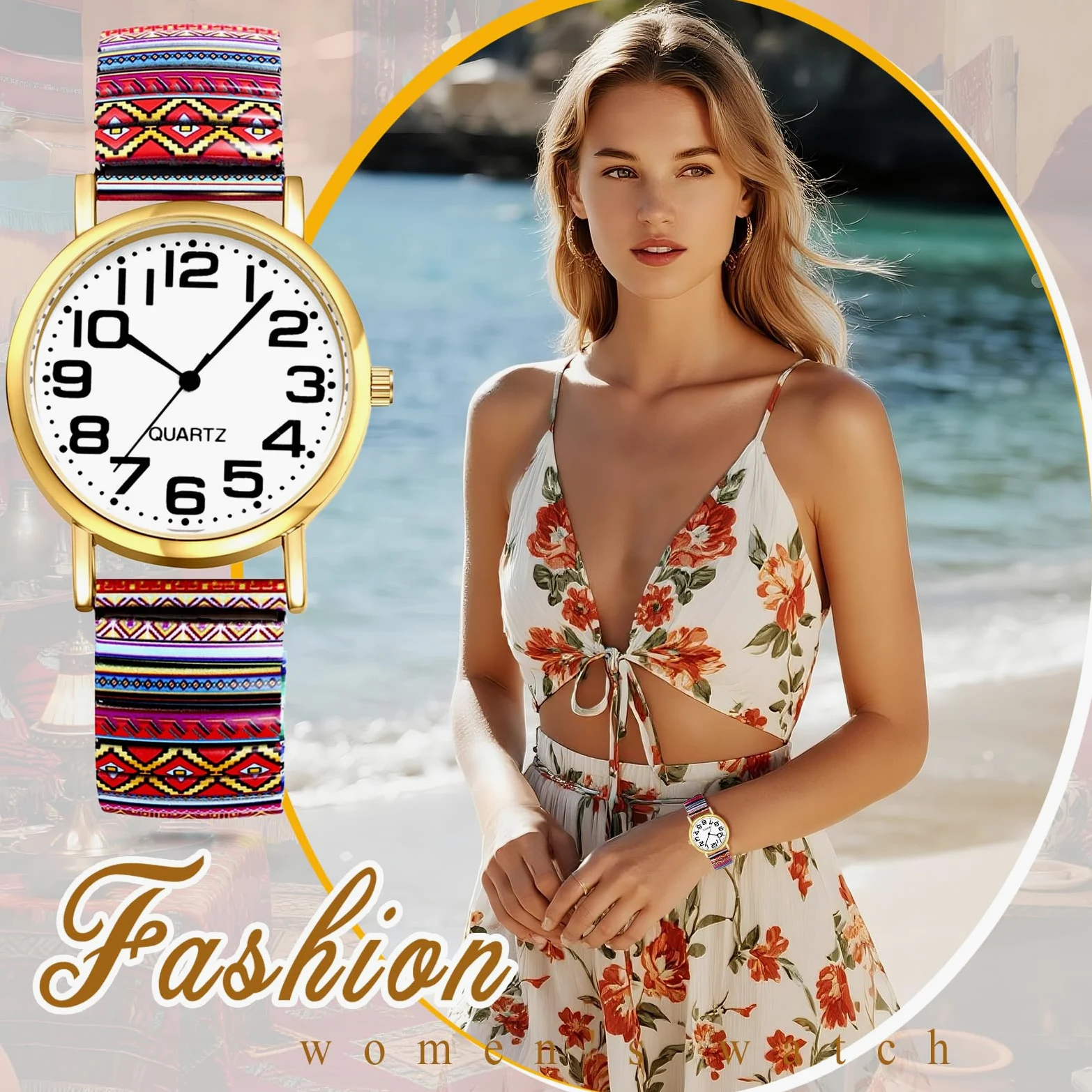 JewelryWe Zegarek damski w stylu boho elastyczny zegarek: 6 sztuk w stylu boho, kolorowe wzory, analogowy, kwarcowy, zegarek na rękę, stal nierdzewna, rozciągliwa bransoletka dla seniorów, zegarek z