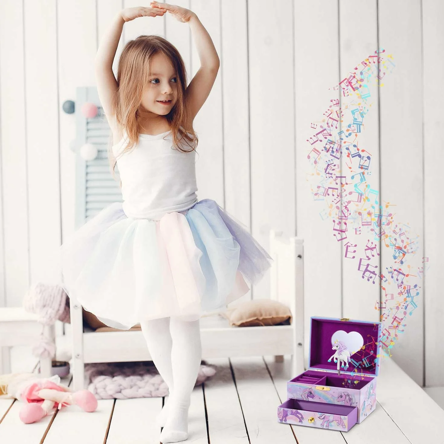 CRAZE Einhorn szkatułka na biżuterię dla dzieci z pozytywką, szkatułka na biżuterię dla dziewczynek z obracającym się jednorożcem i lustrem