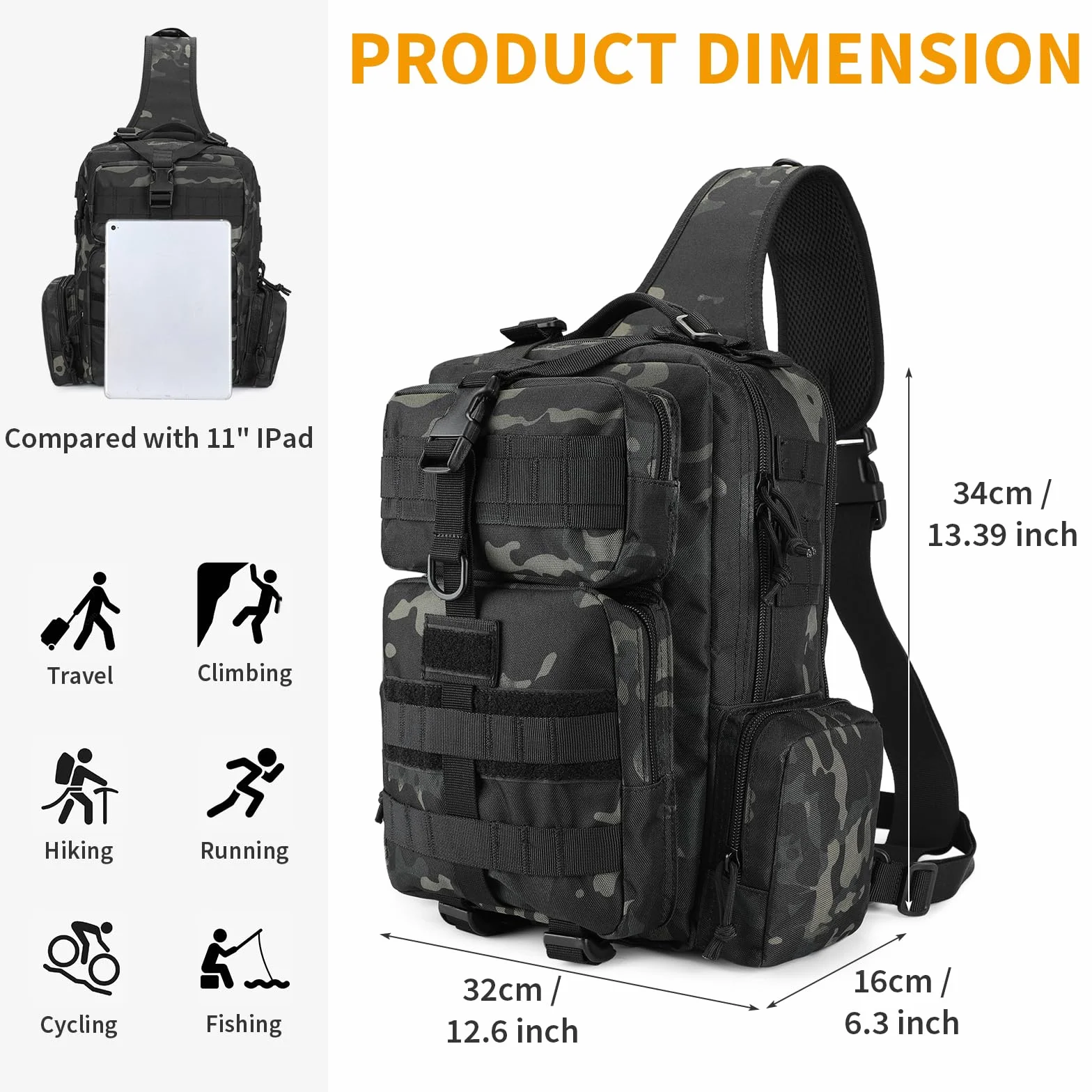 Taktyczna torba na ramię Crossbody Fishing Plecak Wojskowy Molle Torba na klatkę piersiową Duża torba na ramię na polowanie Bieganie Piesze wycieczki i jazda na rowerze