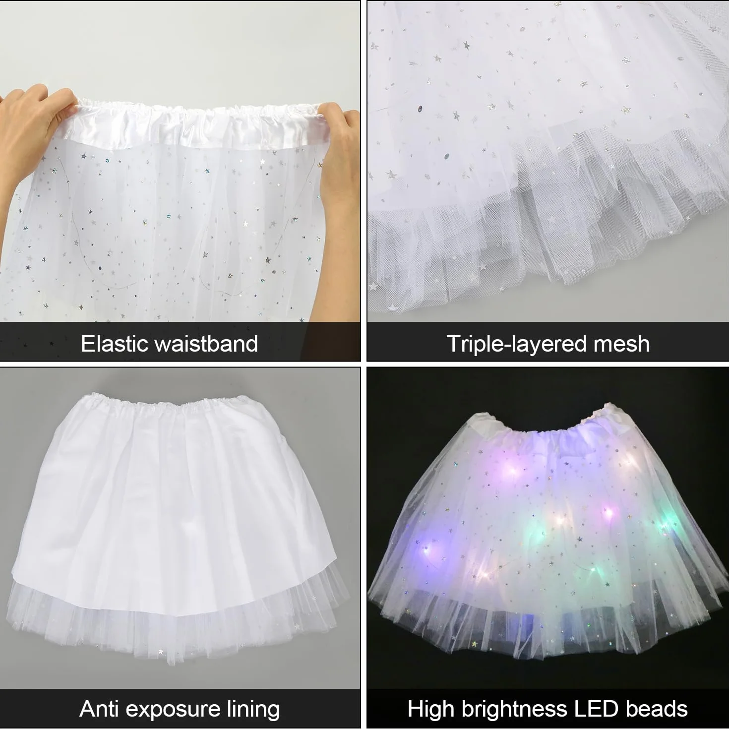 Wishstar Spódnica tiulowa dla dziewcząt, gwiazdy cekiny sukienka do tańca, 30 cm elastyczna mini spódnica z diodami LED, dla dziewczynek spódniczka baletowa na karnawał Halloween, sukienka baletowa
