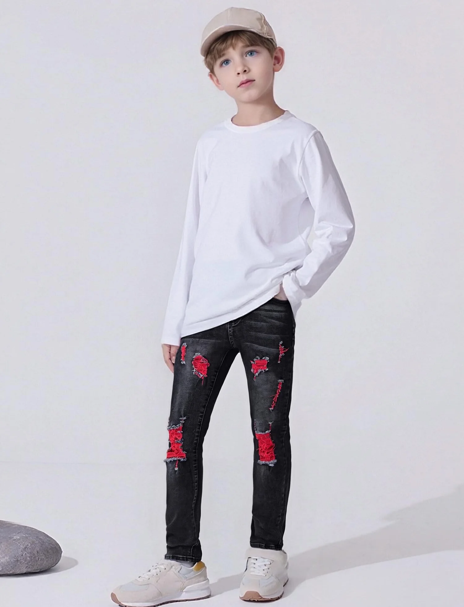 FEOYA Kids Jean Slim Fit prążkowane spodnie dla nastolatków skinny denim, chłopięce spodnie dżinsowe, podarte, elastyczne, dla dzieci, na wiosnę, z gumowym ściągaczem, długie z otworami, 7-16 lat