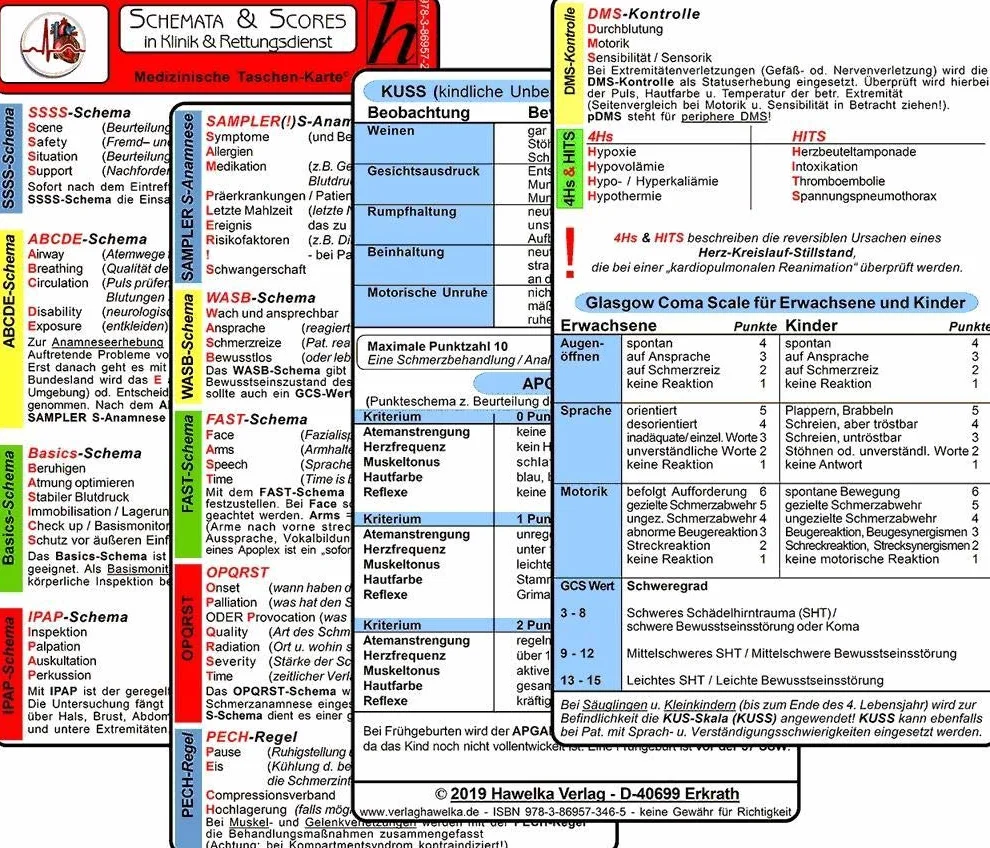 Schemata & Scores in Klinik & Rettungsdienst (2 Karten Set) - SSSS-Schema, ABCDE-Schema, Basics-Schema, IPAP-Schema, SAMPLER(!)S, WASB, FAST, OPQRST, PECH-Regel, DMS, 4Hs, HITS, GCS, KUSS, APGAR