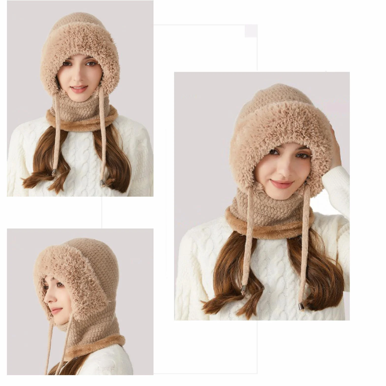 3 in 1 Beanie Hat with Scarf and Mask for Women, Warm Knitted Winter Balaclava Hood for Skiing, Hiking