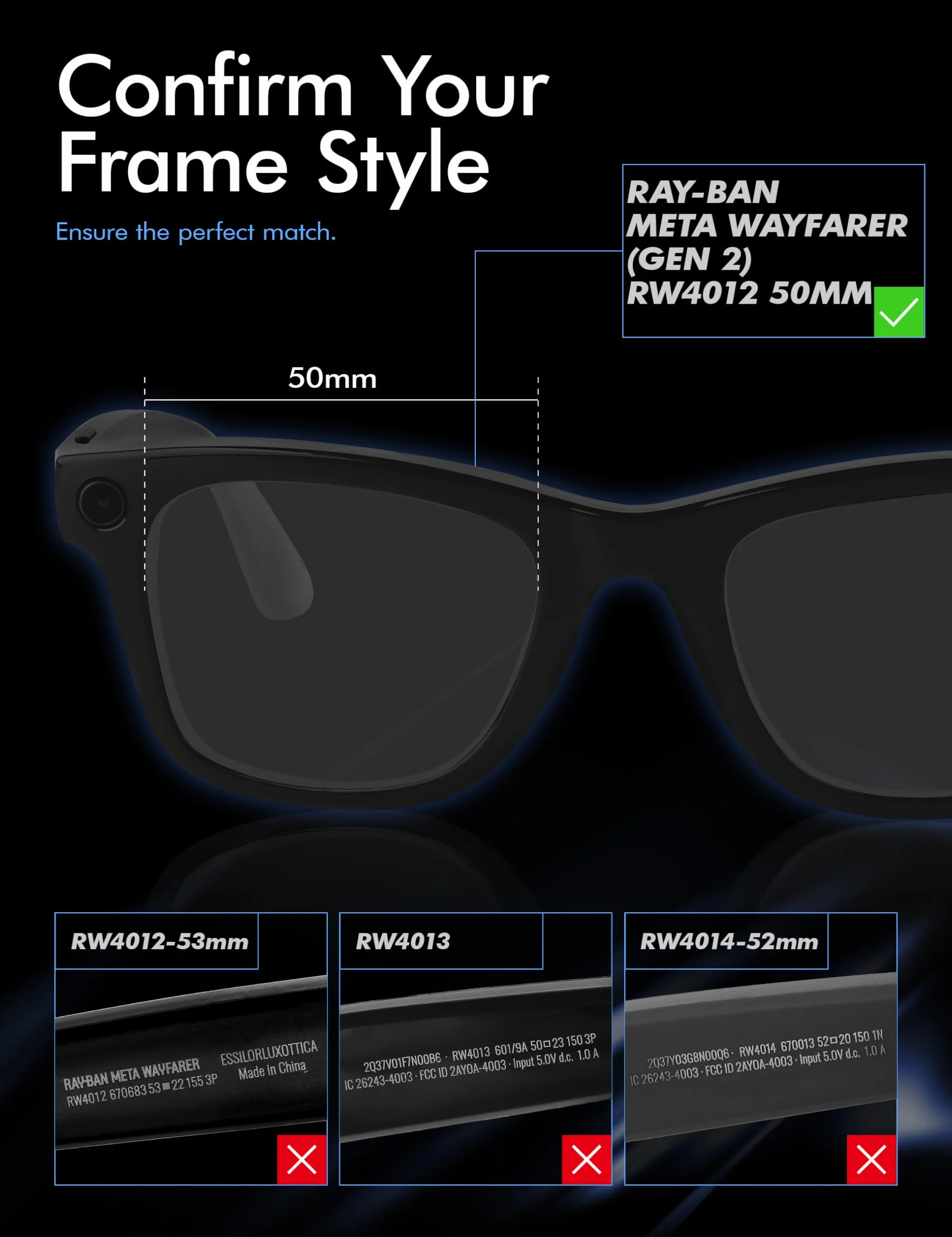Saucer Wysokiej jakości wymienne soczewki kompatybilne z Ray-Ban Meta Wayfarer (Gen 2) RW4012 Smart 50 mm