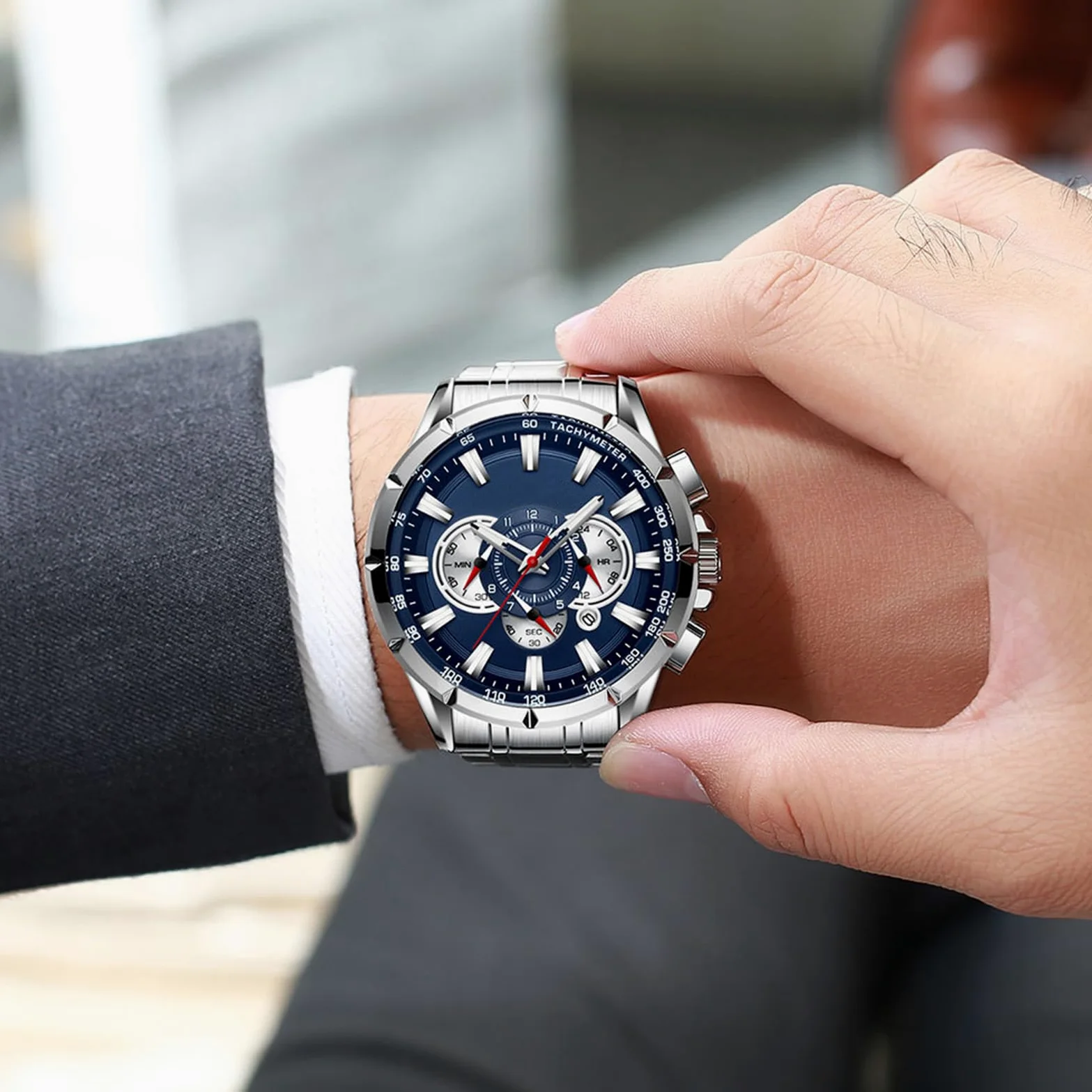 Generisch Biznesowy zegarek, zegarek chronografowy, męski, elegancki, mechaniczny, stylowy, klasyczny pasek na rękę, codzienny dodatek dla profesjonalistów, nauczycieli, pracowników, formalnego attire