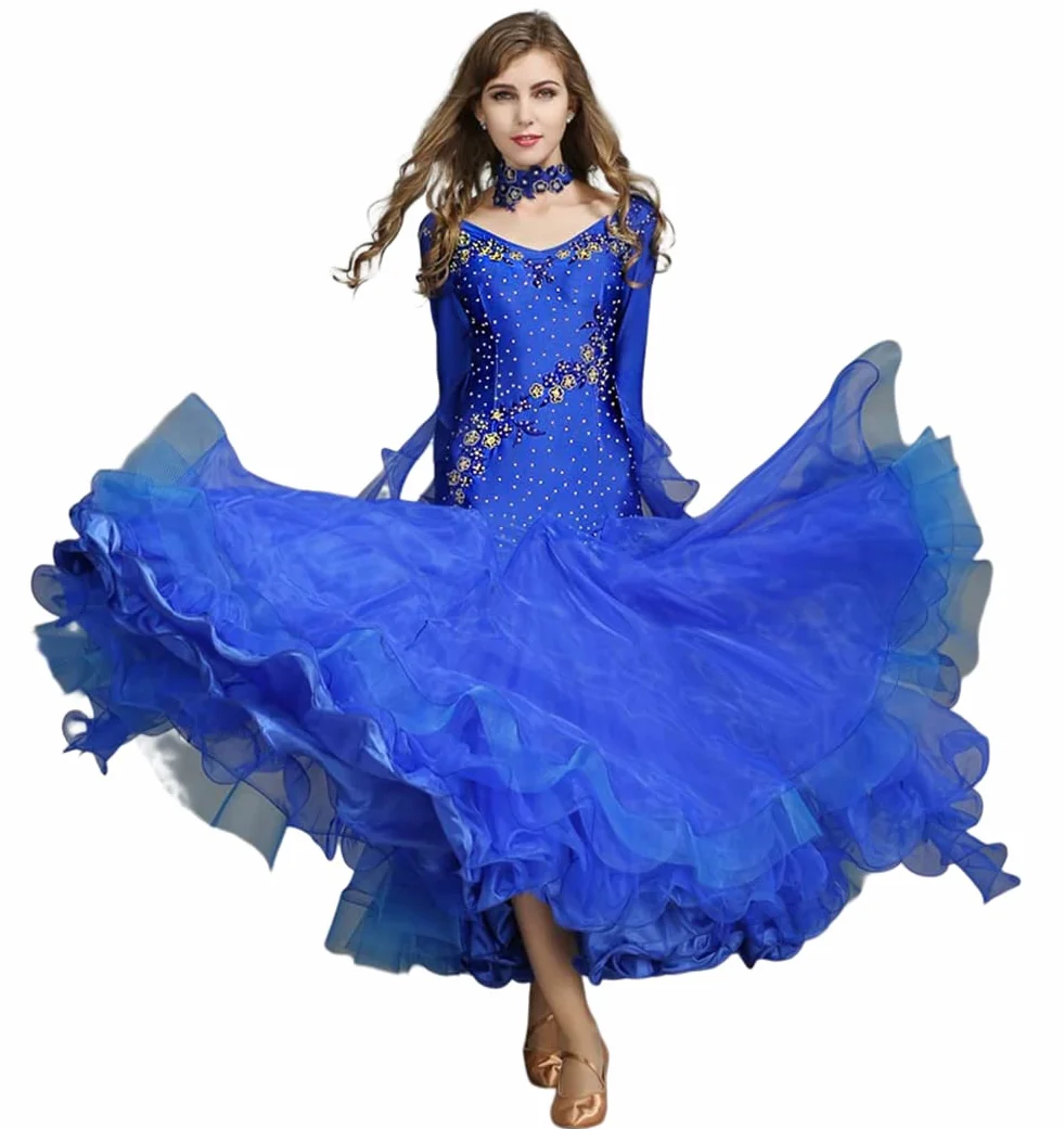 Damskie sukienki tańca towarzyskiego, wykwintne hafty diamentowe Foxtrot Waltz konkursowa sukienka, taniec nowoczesny z długim rękawem Prom Performance Dance Dress