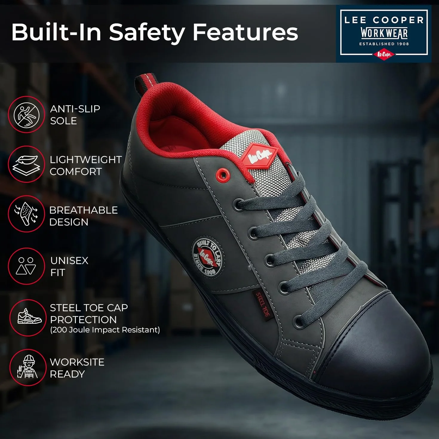 Lee Cooper ‎LCSHOE054 Unisexowe obuwie ochronne robocze SB/SRA w stylu retro baseball nowoczesny design buty robocze BHP, Szary, 36 EU