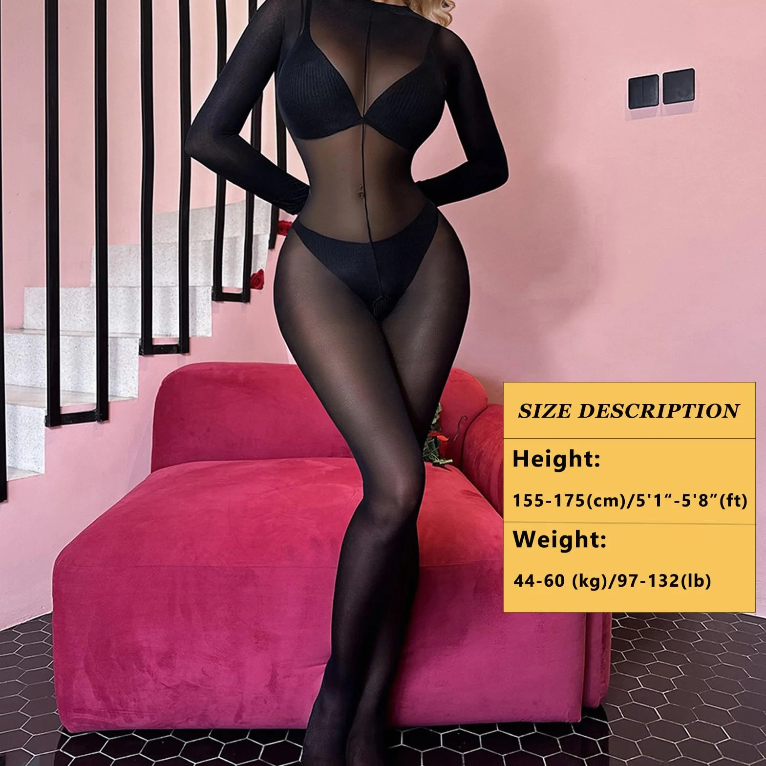 HTRUIYATY Damskie rajstopy Bodystocking przezroczyste body z odkrytymi kroczami, z długimi rękawami, nylonowe rajstopy