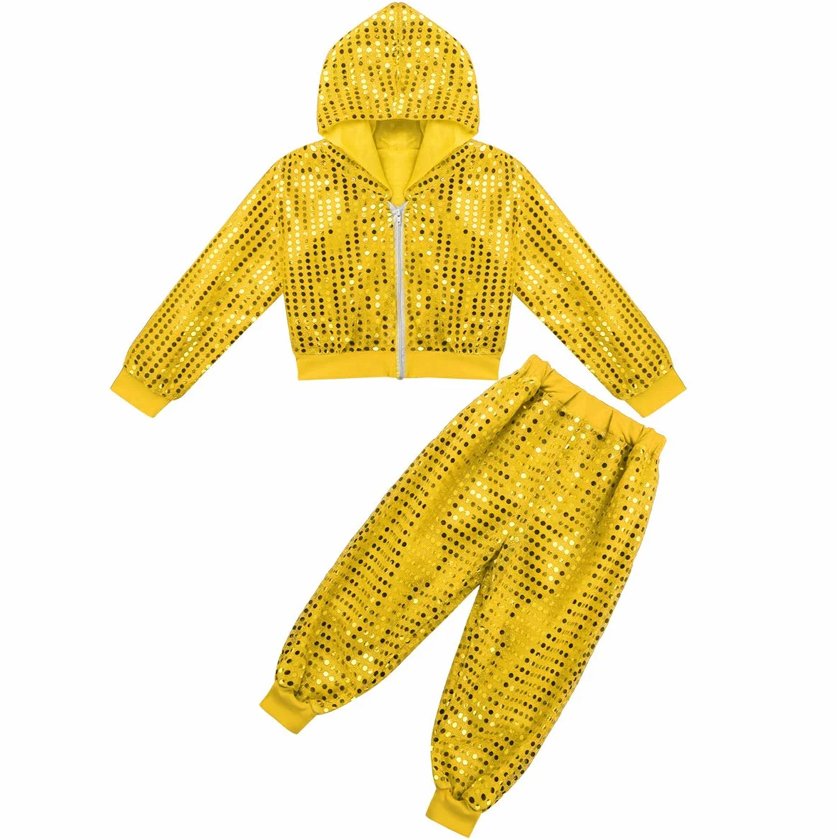 TiaoBug Dziecięca bluza z kapturem, kurtka i spodnie, błyszczące cekiny, dres sportowy, dres treningowy z podszewką, hip hop, jazz, do tańca, zestaw odzieży, kostium karnawałowy