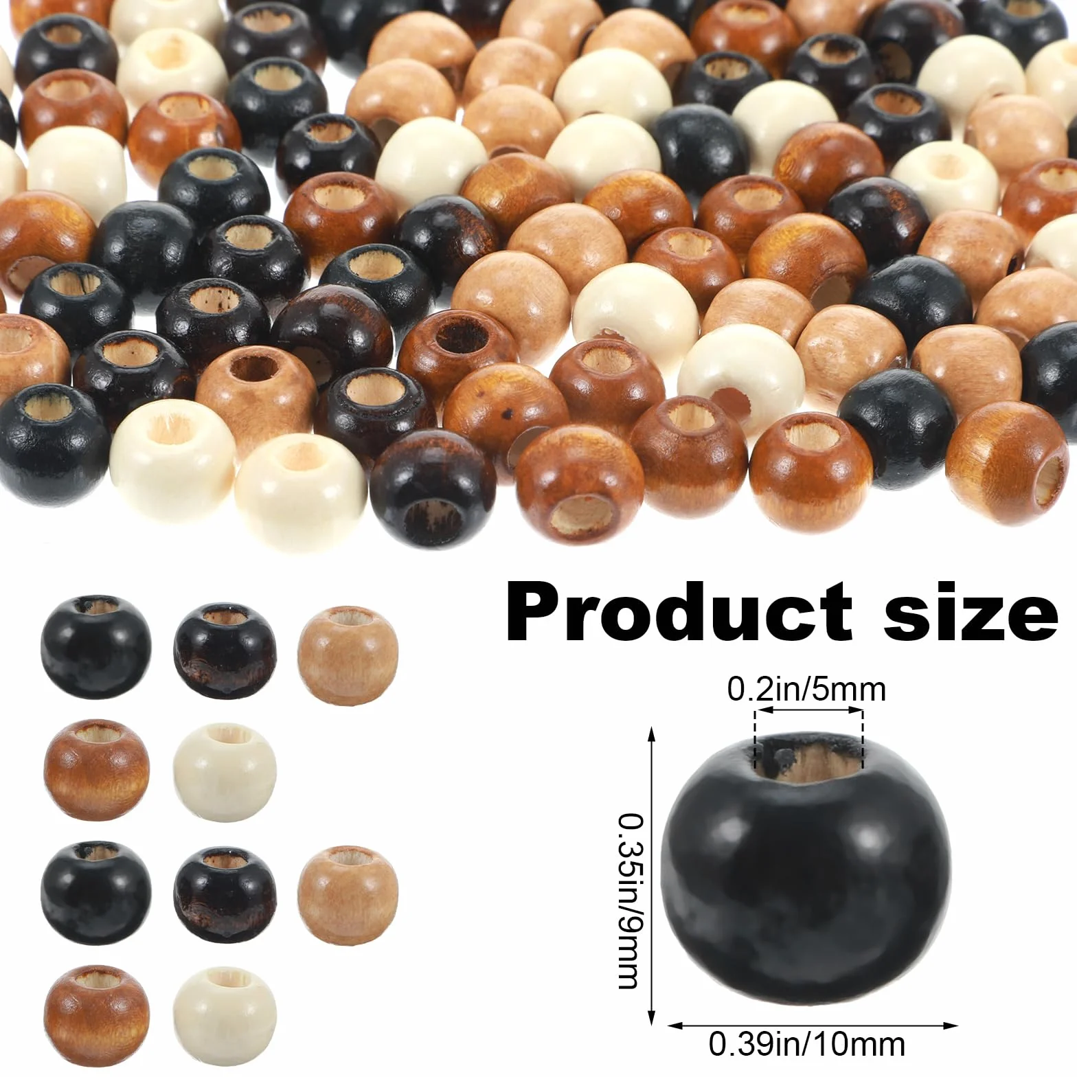 Xindojuz Drewniane koraliki do rękodzieła, 100 szt. 10mm x 8.5mm, okrągłe, naturalne kolory: ciemnobrązowy, średni brąz, morelowy, do breloczków, naszyjników, bransoletki, włosów, DIY
