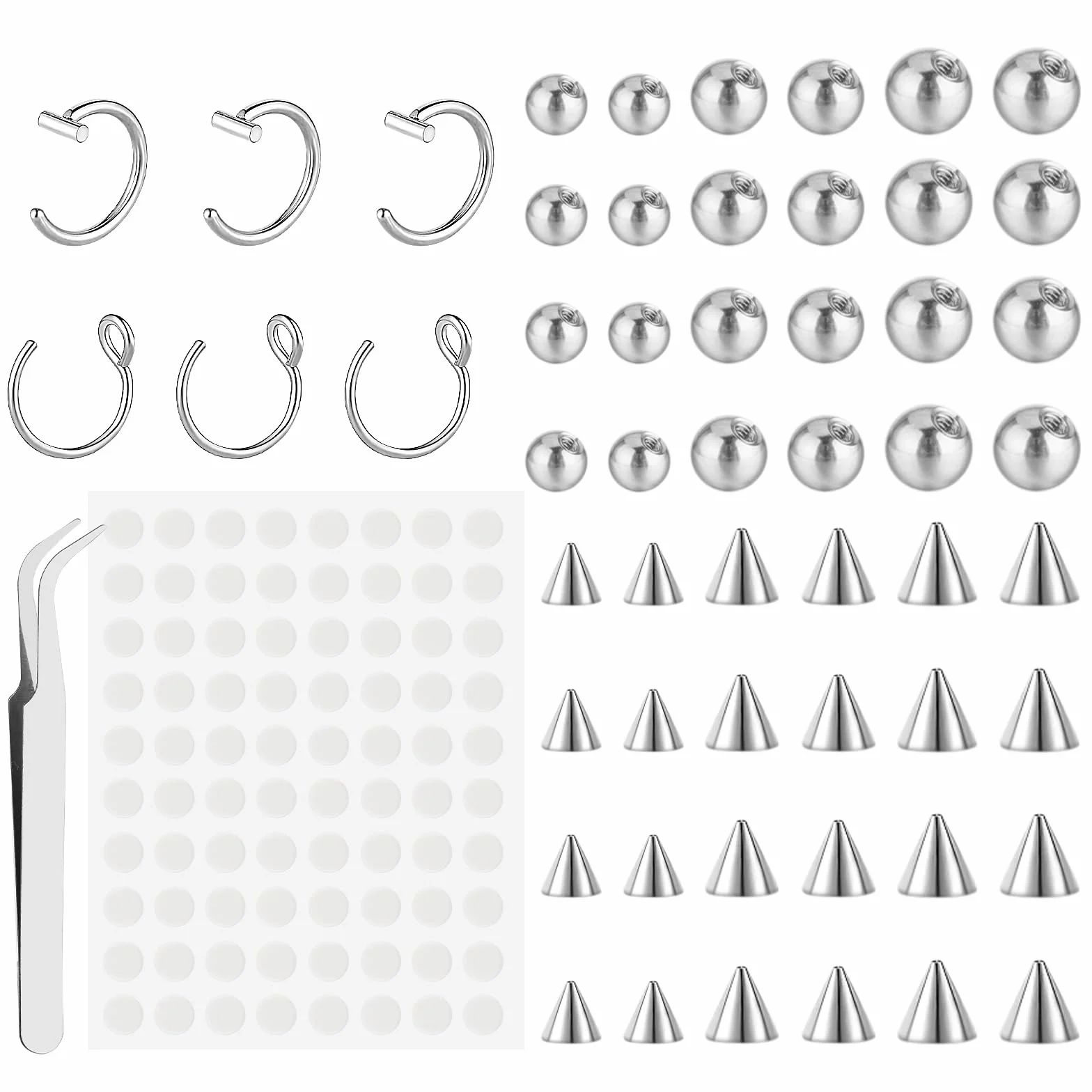 Yolev 54 sztuki fałszywych kulek do piercingu nosa, ust, kolczyków 3 mm, 4 mm, 5 mm, kolor stalowy, fałszywy piercing do nosa, sztuczne brwi, fałszywy septum piercing do ucha z naklejką, fałszywe