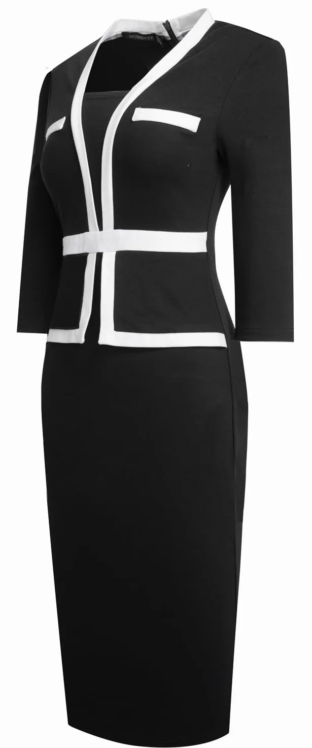 HOMEYEE Damska sukienka ołówkowa z rękawami 3/4 w stylu retro bodycon koktajlowa sukienka kopertowa B805
