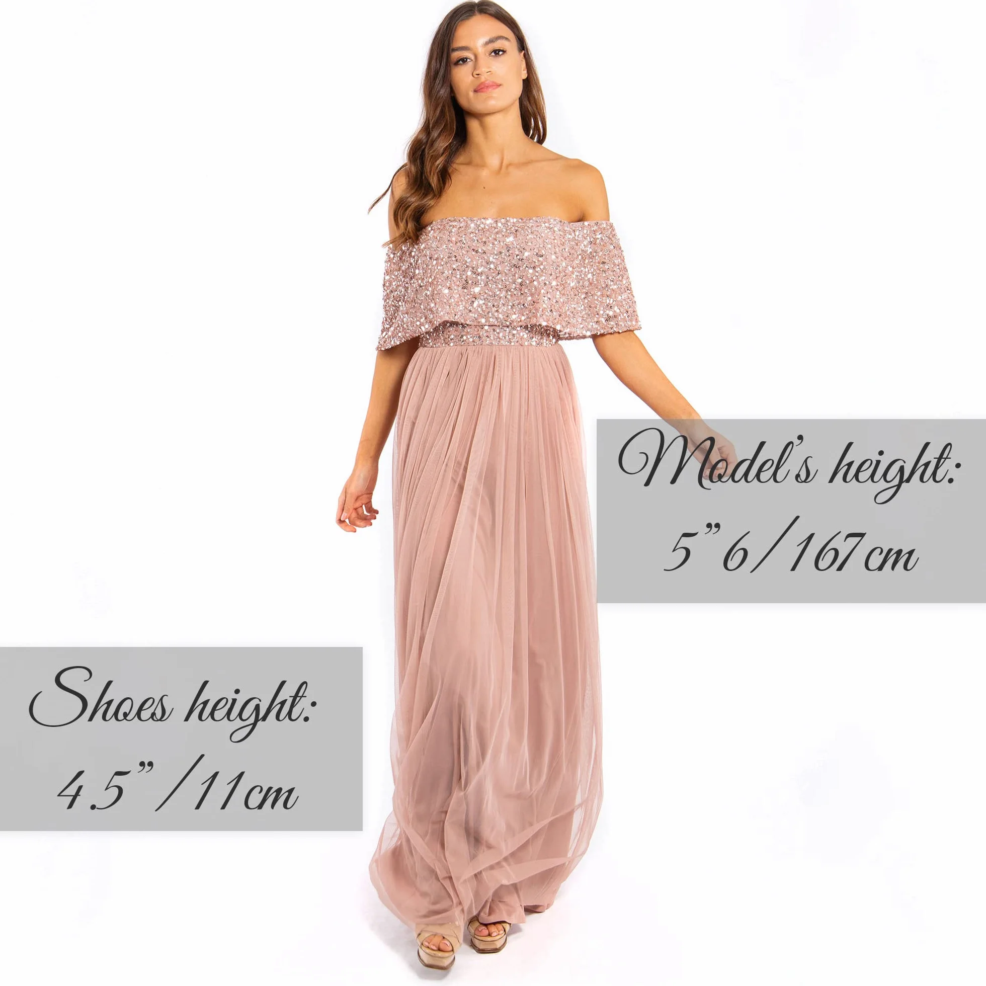 Maya Deluxe Miękka szara sukienka bardot Embellished Maxi dla druhny, kobiety