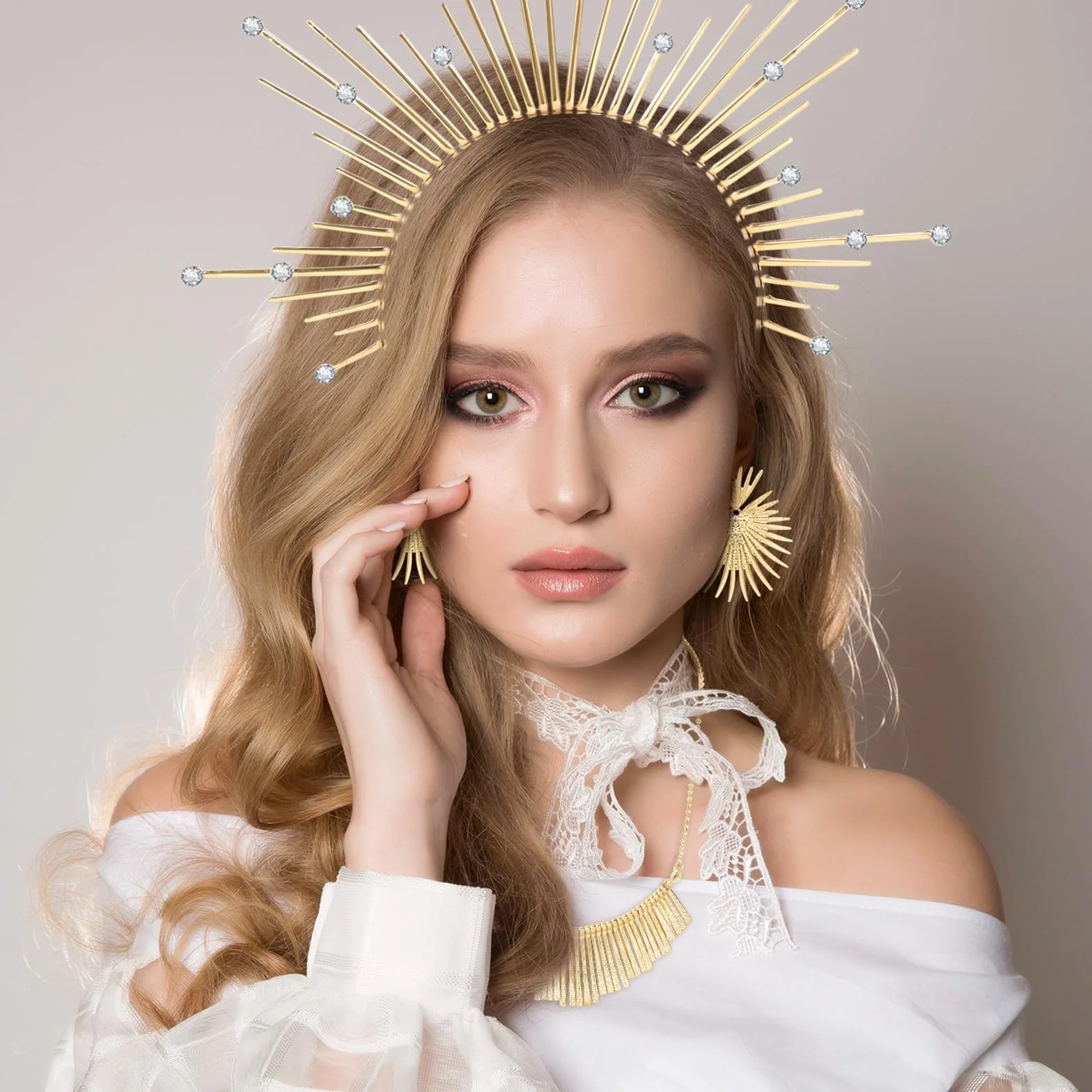 DPKOW Halo Crown opaska na czoło słońca, akcesoria do kostiumu, nakrycie głowy, naszyjnik, kolczyki, tatuaż na twarz dla greckiej , dla kobiet, karnawał, cosplay