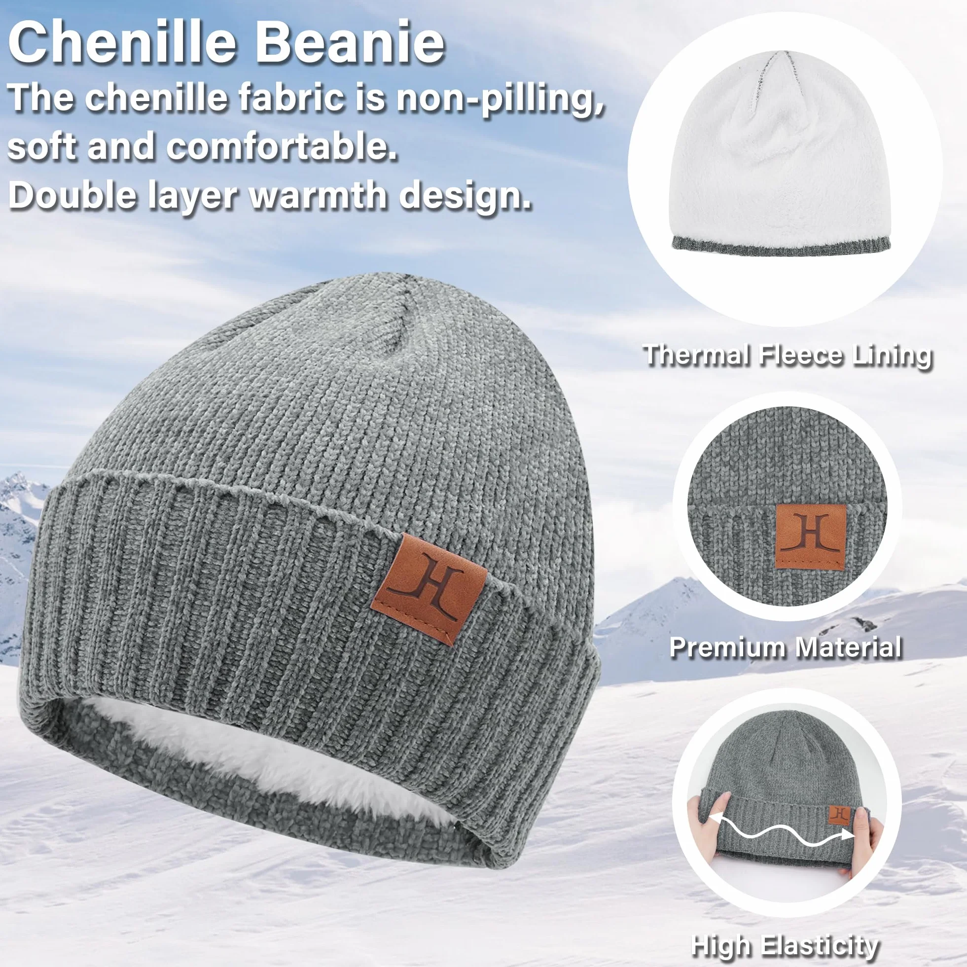 ZASFOU Damskie męskie zimowe czapki beanie szalik rękawiczki do ekranów dotykowych zestaw ciepła szenilowa polarowa czapka z czaszką ocieplacz na szyję prezenty dla kobiet mężczyzn