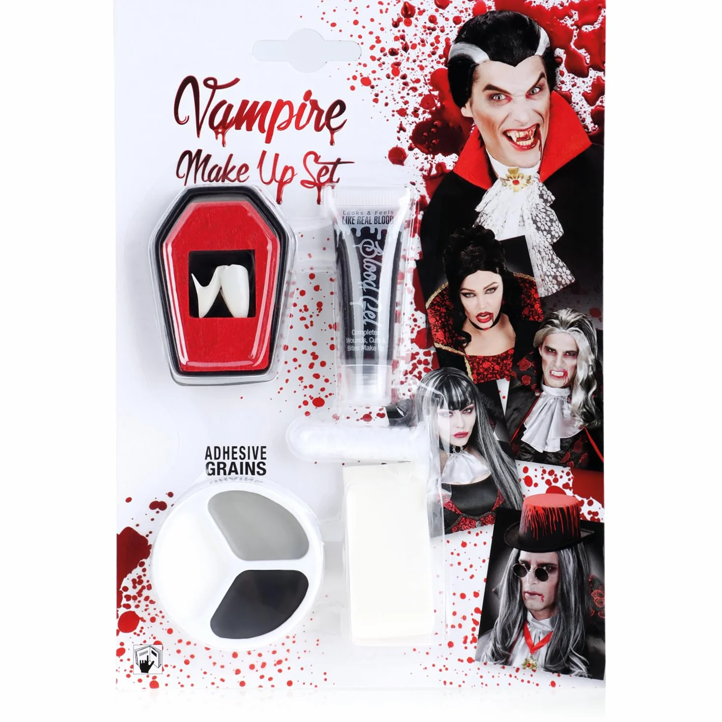COM-FOUR® 5-czesciowy zestaw do makijazu na Halloween - akcesoria do kostiumu wampira z zebami wampira, sztuczna krwia, gabka, koralikami samoprzylepnymi i paleta do makijazu
