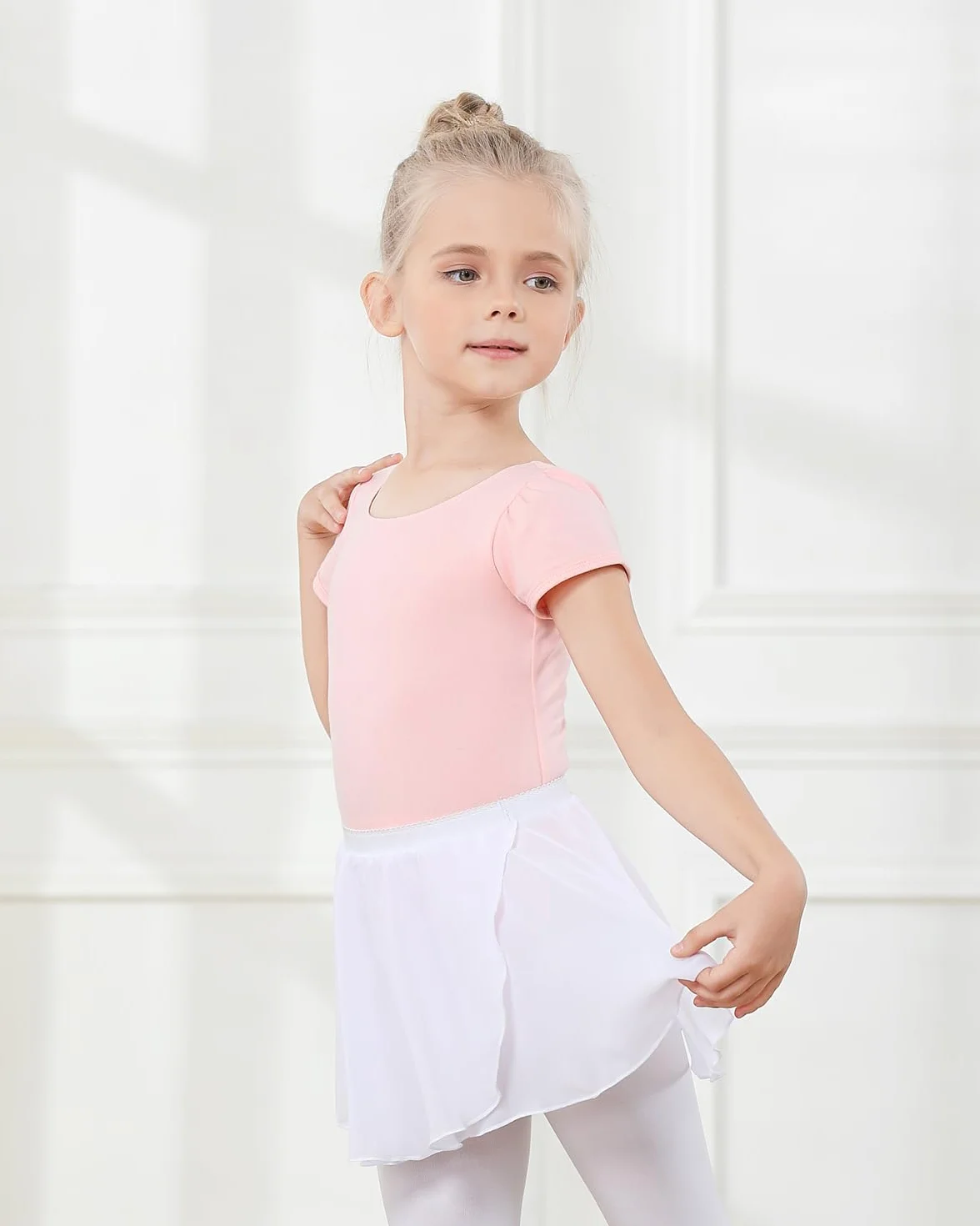 Gogokids Sukienka baletowa dla dziewczynek, kostium gimnastyczny, z krótkim rękawem, ze zdejmowaną błyszczącą spódnicą, zestaw, na lekcje baletu i występy, 3–11 lat