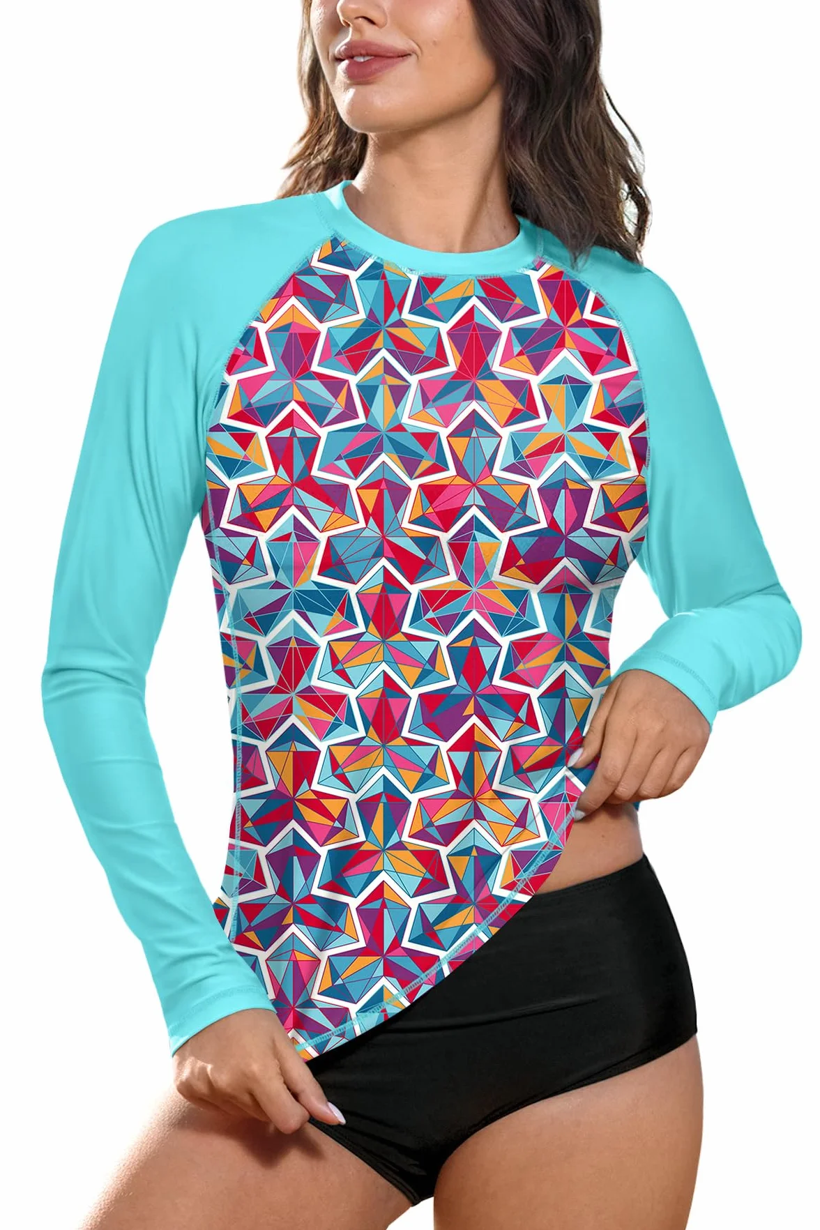 BesserBay Damska koszulka surfingowa UPF 50+, okrągły dekolt, długi rękaw, ochrona przed słońcem, Rash Guard S-XXL, woda, M