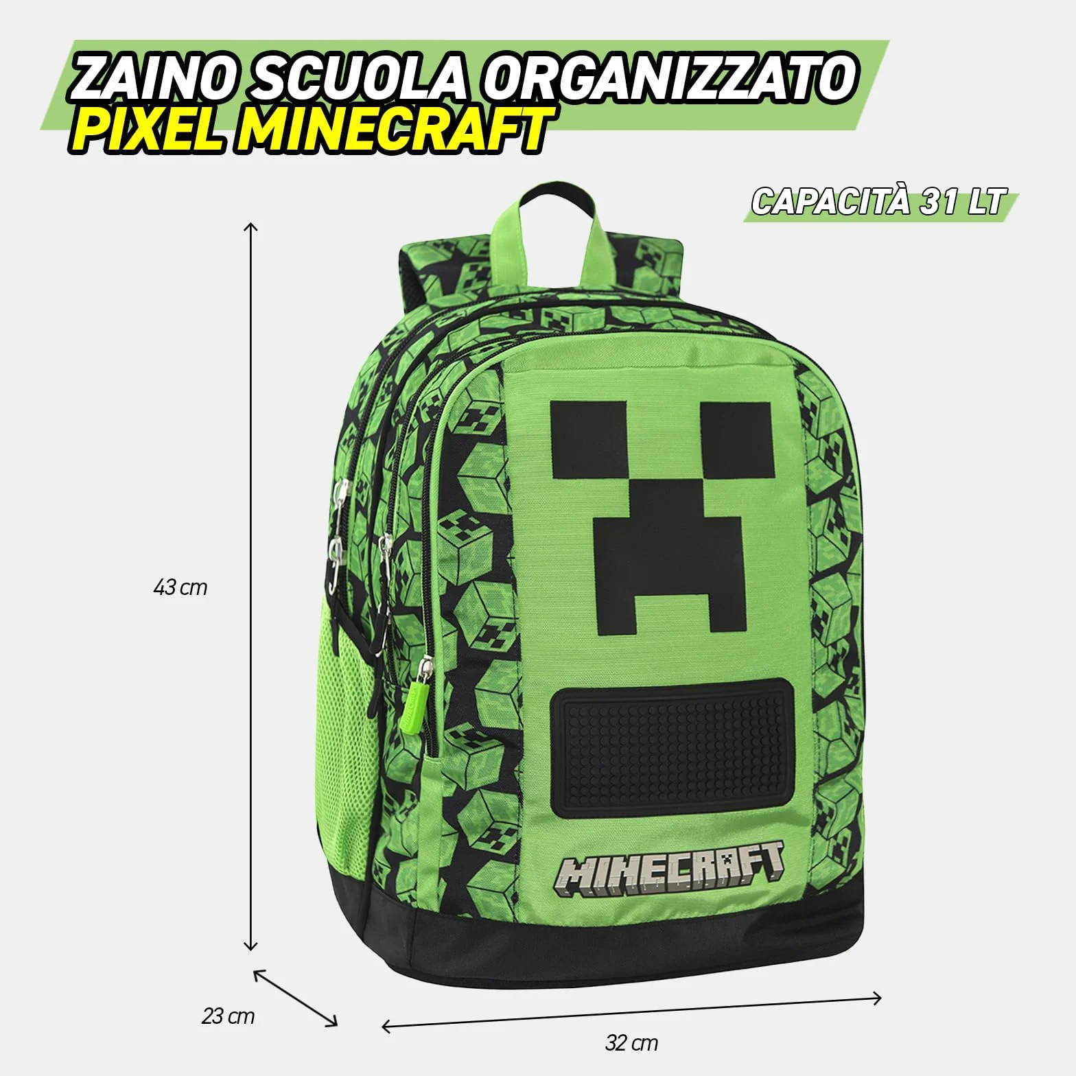 MINECRAFT Oficjalny plecak szkolny Minecraft z 2 dużymi przestrzeniami środkowymi, wyprofilowaną kieszenią przednią, bocznymi kieszeniami z siatki, regulowanymi wyściełanymi paskami na ramię
