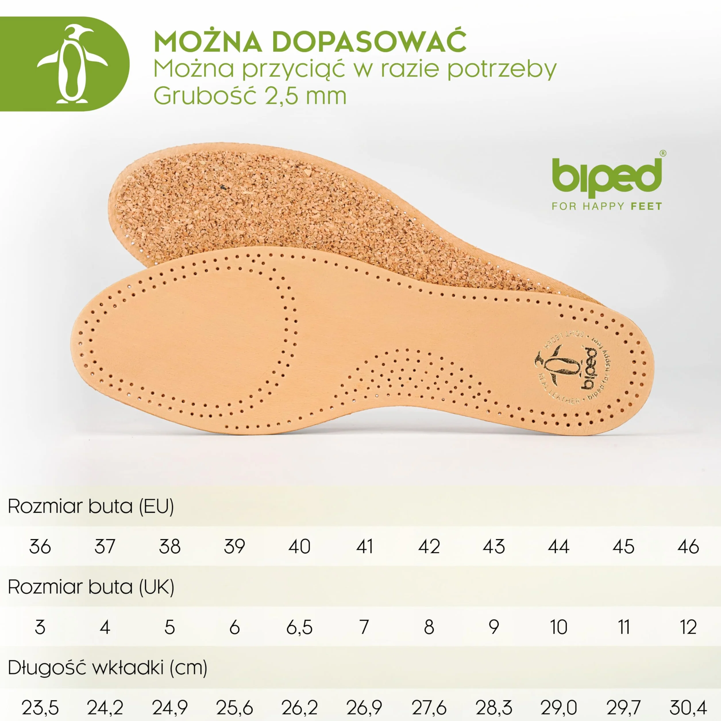 biped wkładki skórzane z korkiem naturalnym – wkładki ze skóry garbowanej roślinnie – przeciwdziałające poceniu się stóp wkładki z korka – do butów damskich i męskich z2229