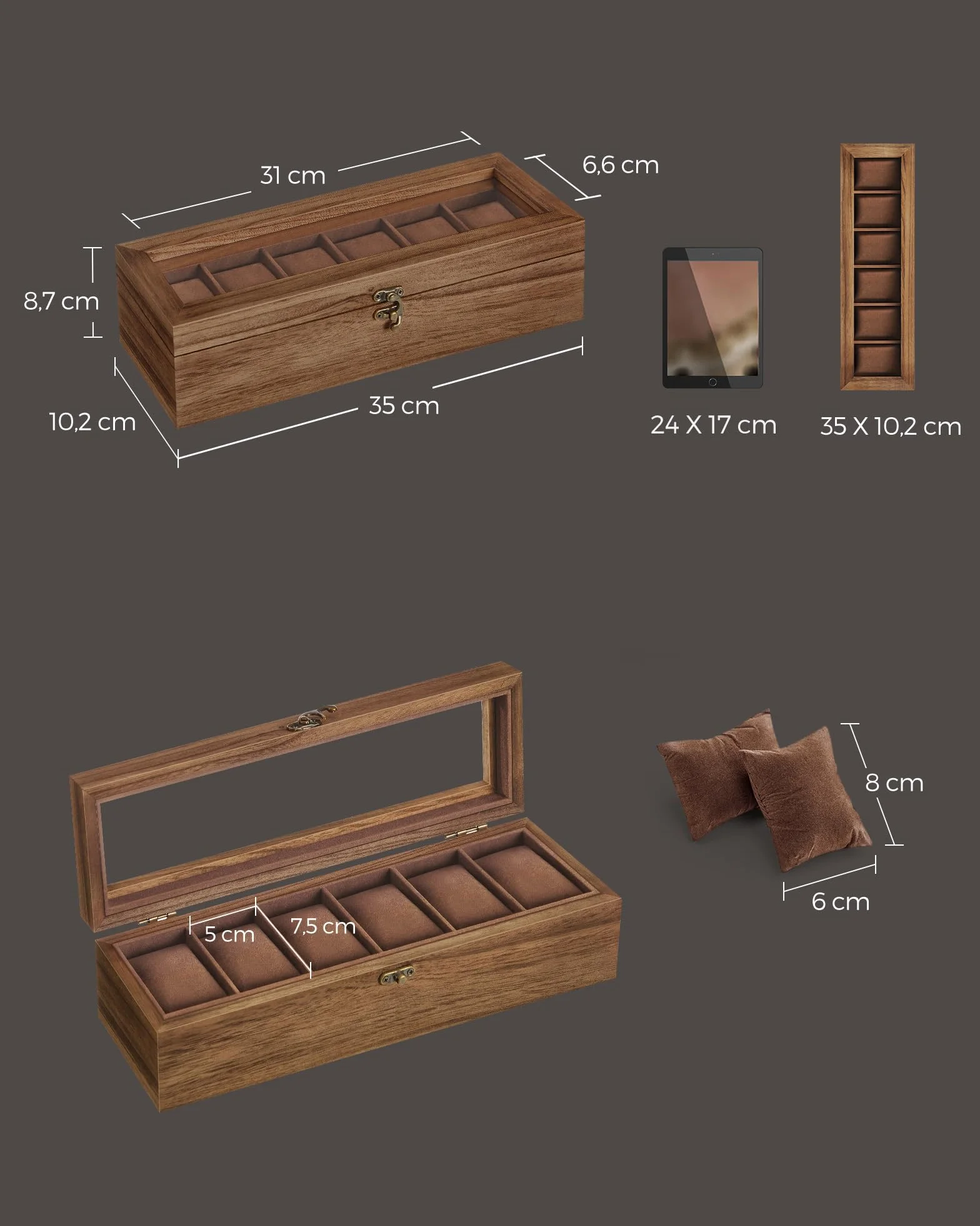 SONGMICS JOW006K01 Pudełko na zegarki z 6 przegródkami, etui z litego drewna, pudełko na zegarki z wyjmowanymi poduszkami, pomysł na prezent, rustykalny orzech