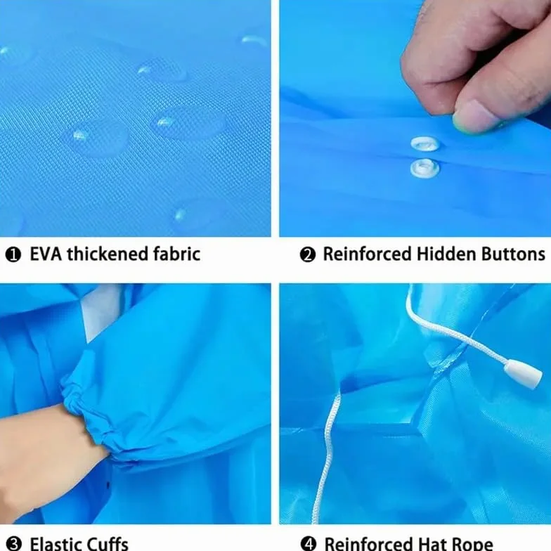 Boolavard Wytrzymałe plastikowe ponczo przeciwdeszczowe dla dorosłych, wielokrotnego użytku, pełne pokrycie, ponczo z kapturem, ze sznurkiem, unisex, zestaw rodzinny, na zewnątrz, w podróż, 4 szt
