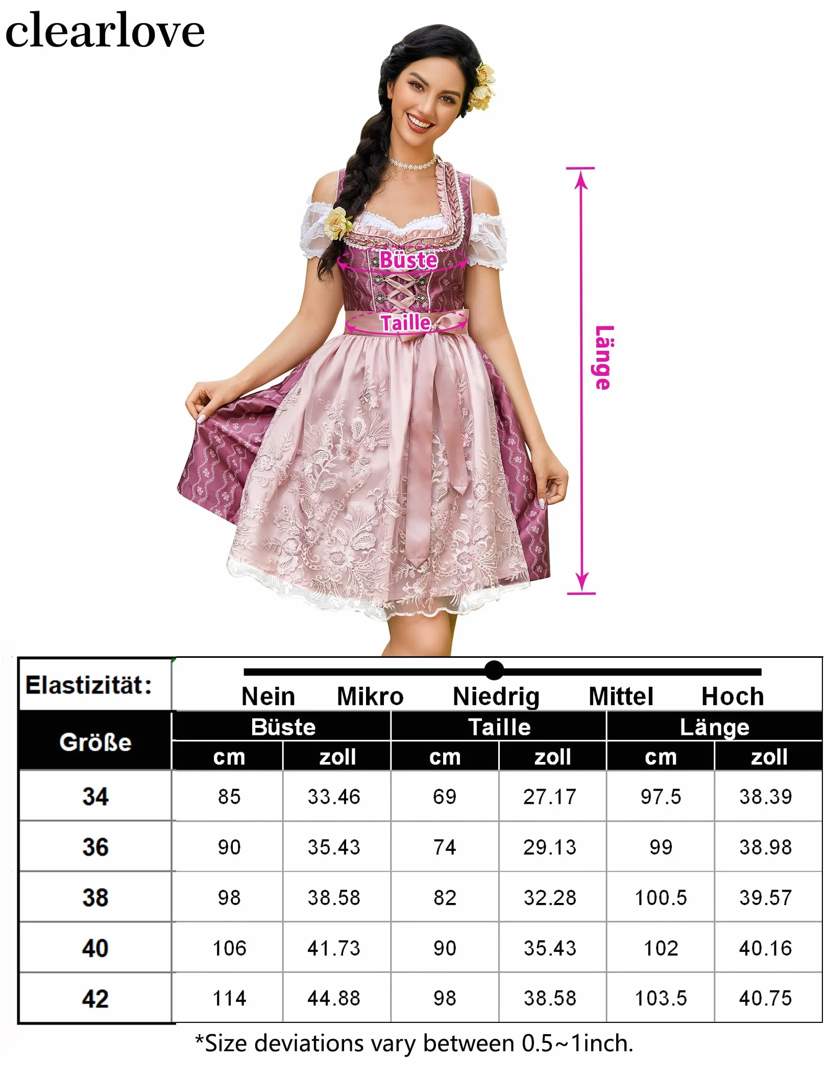 Clearlove damska sukienka midi typu Dirndl, na Oktoberfest, karnawał, trzy elementy: sukienka, bluzka, fartuch (opakowanie wielokrotnego użytku)., Czerwona końcówka, XL
