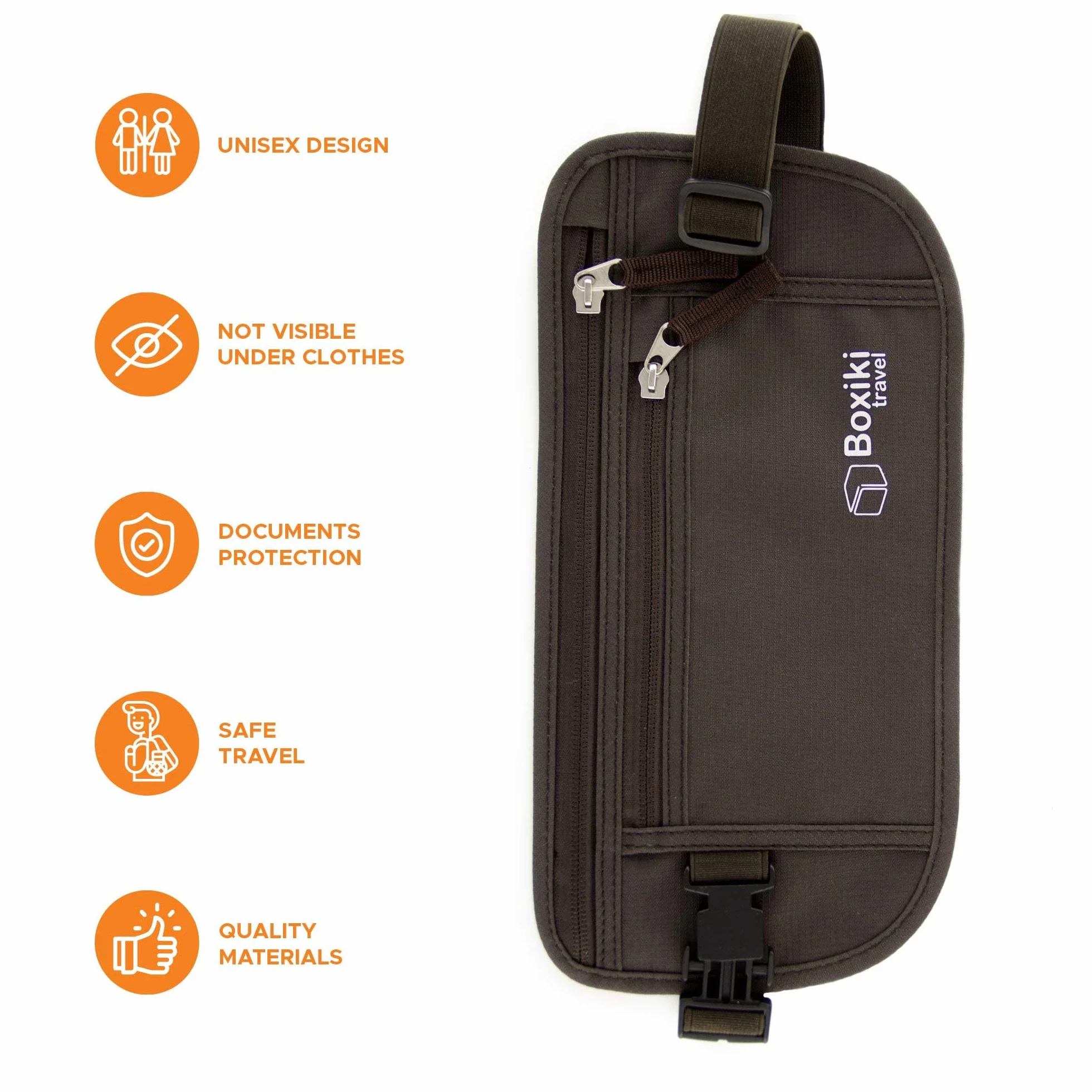 Boxiki Travel Ukryty pasek na pieniądze dla mężczyzn i kobiet – blokujący RFID saszetka w talii na paszport, portfel i telefon – bezpieczna i zabezpieczona podczas podróży, brązowy, Einheitsgröße
