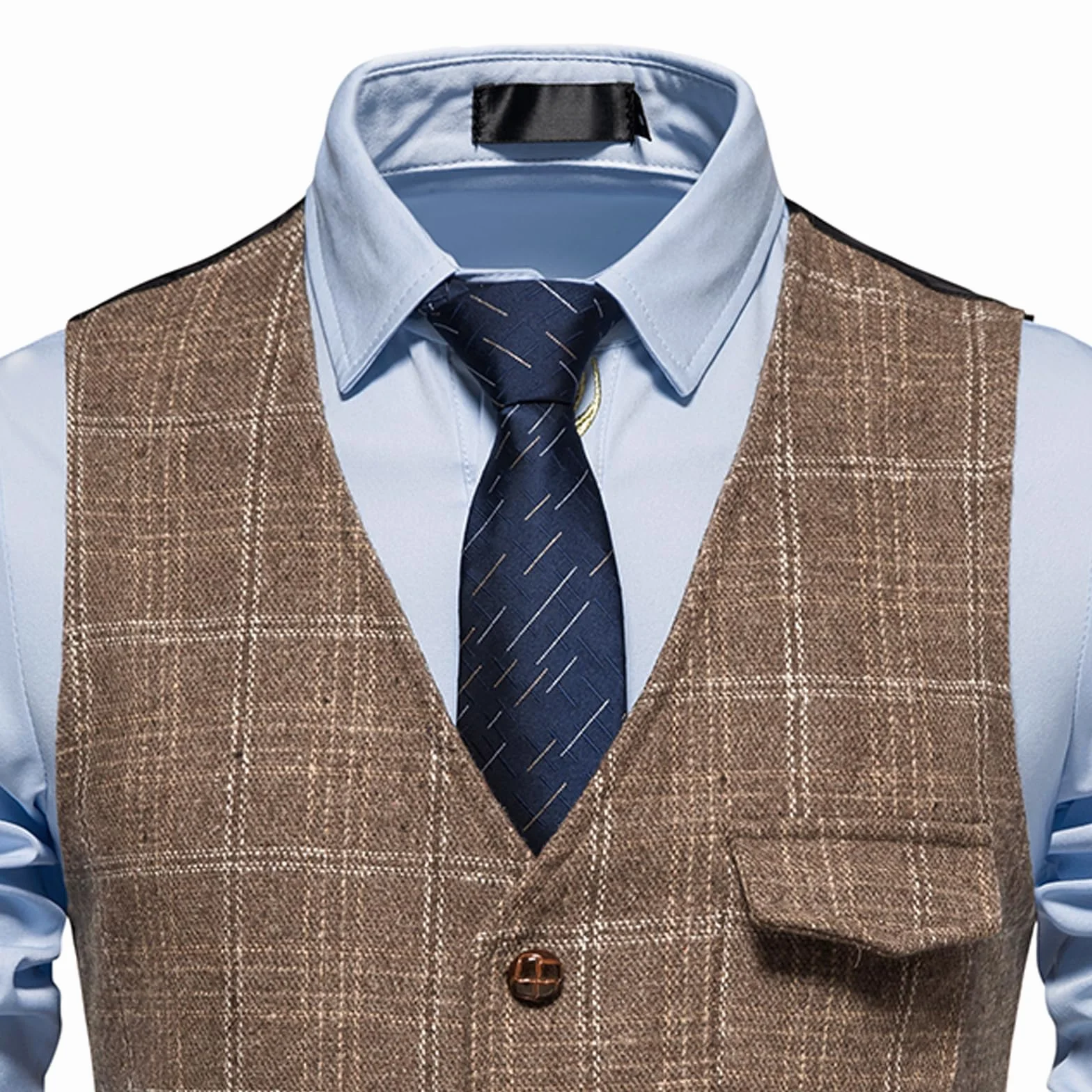 MakingDa Męska kamizelka w kratkę, formalna kamizelka bez rękawów, dekolt w serek, w kratę, tweed, biznesowa, casualowa, garnitur, kamizelka z kieszenią