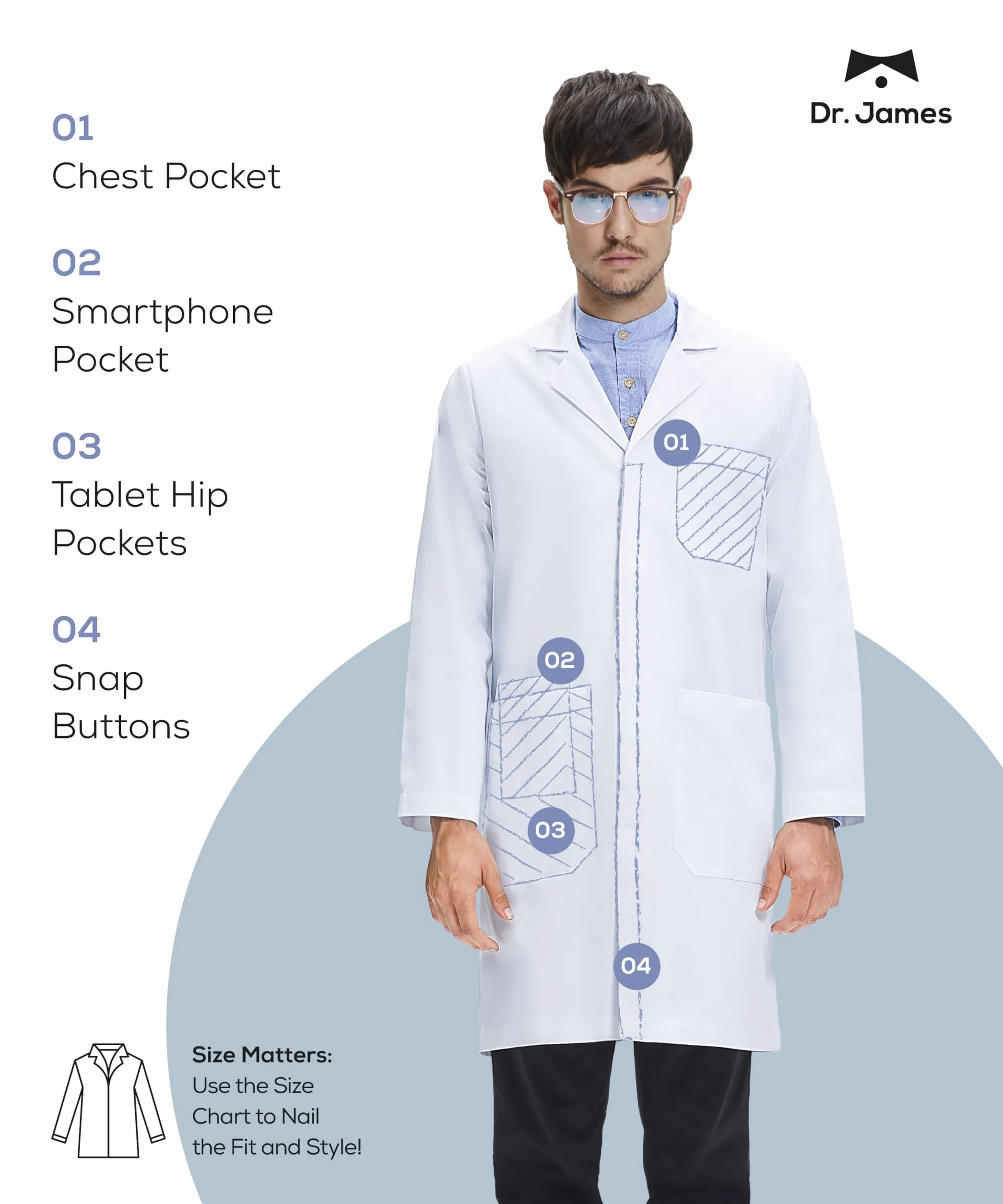 Dr. James Biała bluzka chemia medyczna profesjonalna, kieszenie na smartfona i tablet, klasyczny krój