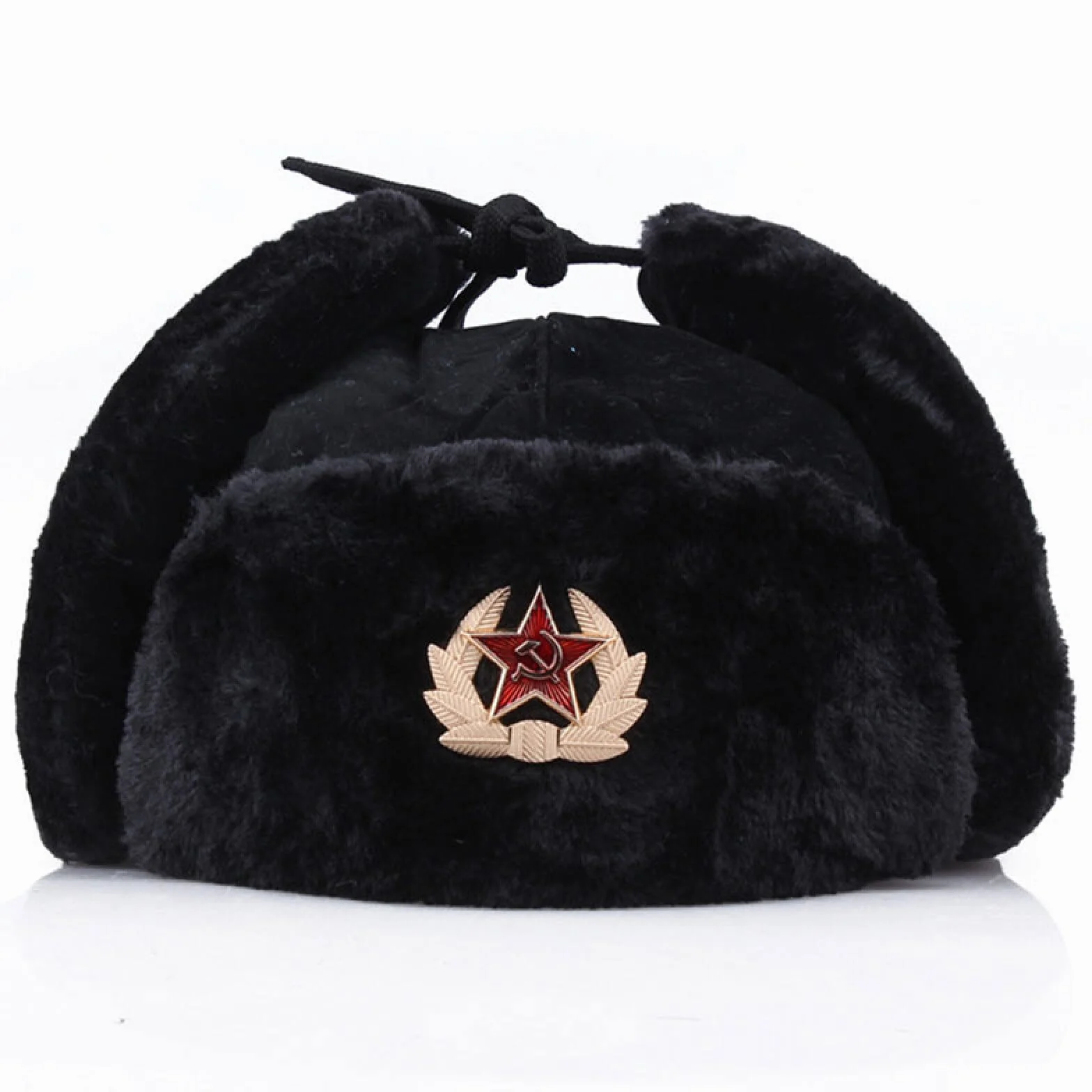 Rosyjska czapka sowiecka odznaka wojskowa uszanka bomberka pilotka sztuczny królik zimowa z futerkiem nauszniki śnieżna rowerowa czapka narciarska, czarna, 55-60 cm
