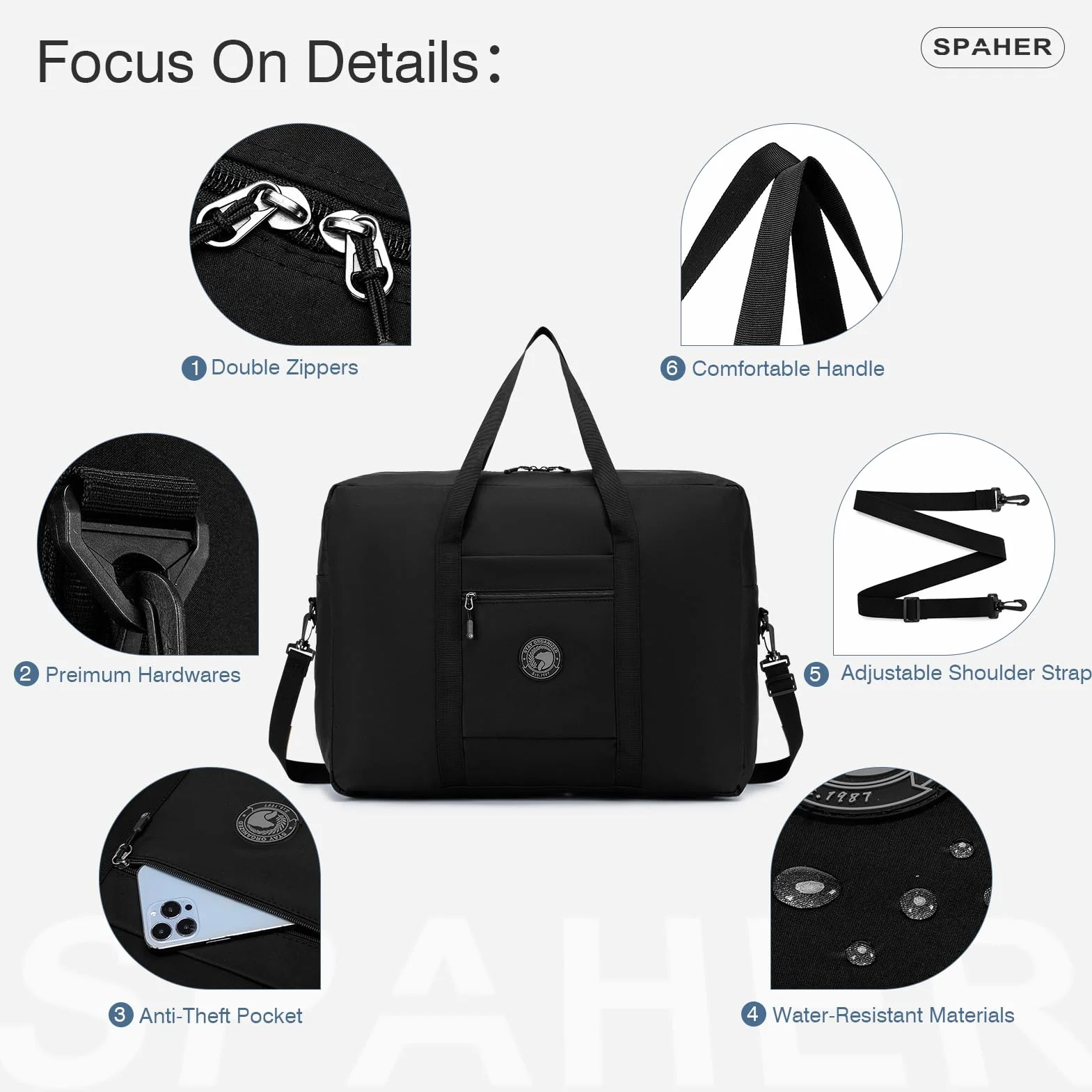 SPAHER Torba Podróżna Duża Składana Torby Podróżne Bagaż Podręczny 55x40x20 Lufthansa Tui Airways Lekki Samolotu Torba Marynarska 45L Packable Holdall Wodoodporna Torebka dla Mężczyzn i Kobiet Czarny
