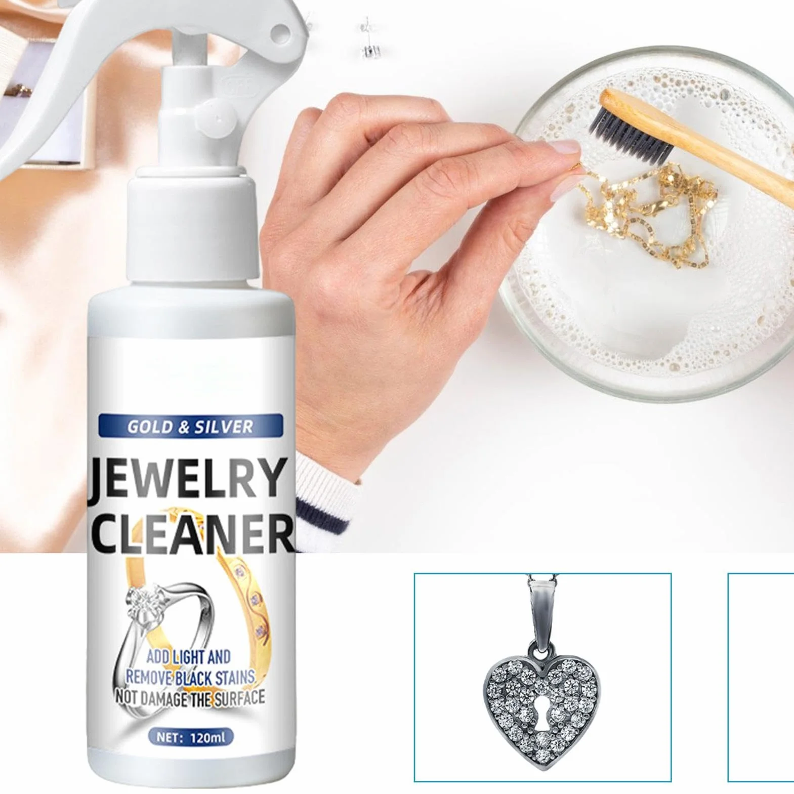 Spray do czyszczenia biżuterii, 120 ml, natychmiastowy środek do usuwania matowienia, rdzy i srebra, łagodny środek do czyszczenia biżuterii, do złota, mosiądzu, kamieni szlachetnych